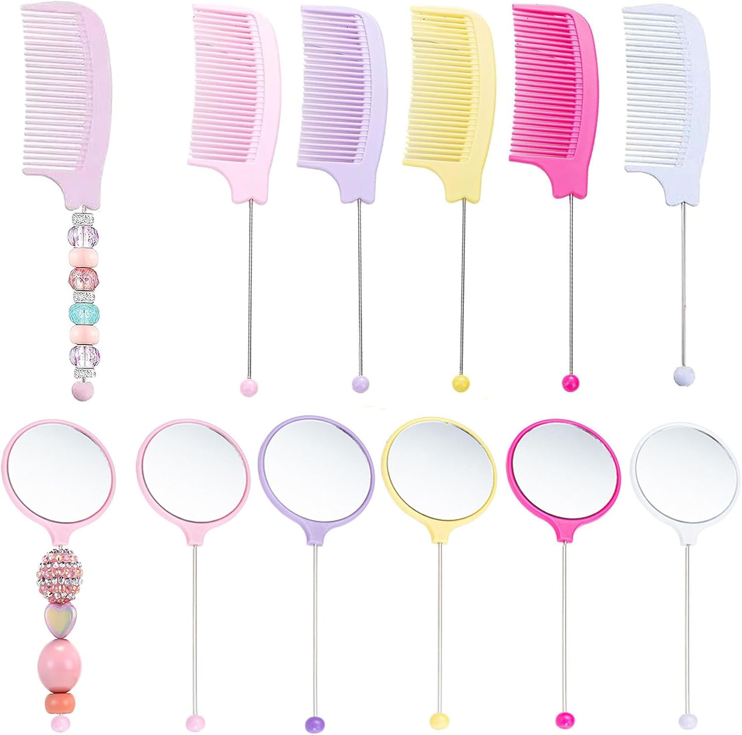 5 Pack Beadable Combs DIY with 5 Pack Beadable Handheld Mirrors Heart Round Square Set Wide Tooth for Portable Cute Travel Makeup Mirror, Colorful (5 Colors-Round Mirrors, 10 Packs)