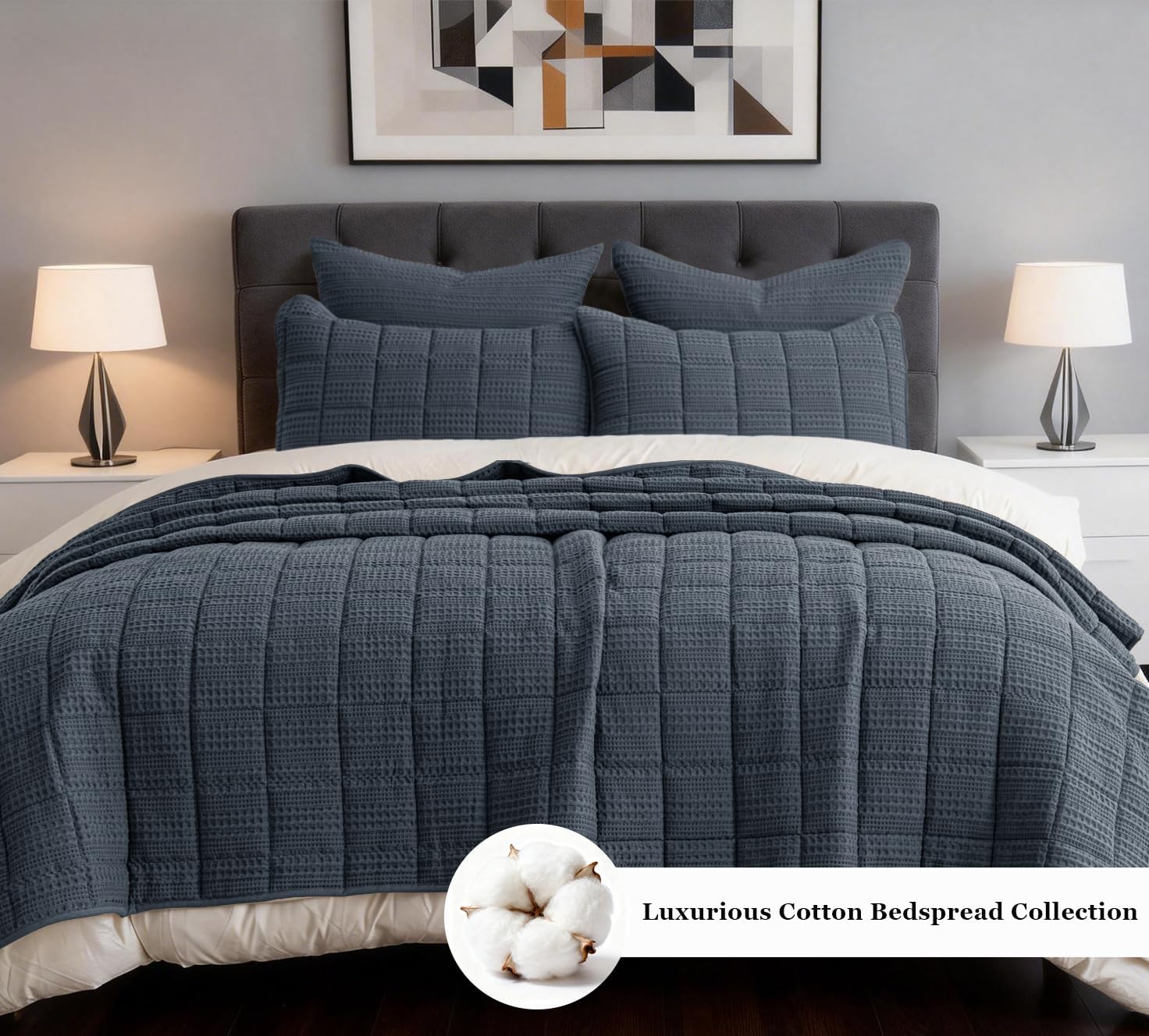 3 Pieces Cotton Quilt Set Oversized King Comforter with Pillow Shams 120x128 Ultra Soft Lightweight Bedspread Waffle Weave Quilted Bed Coverlets for All Season, Grey Blue