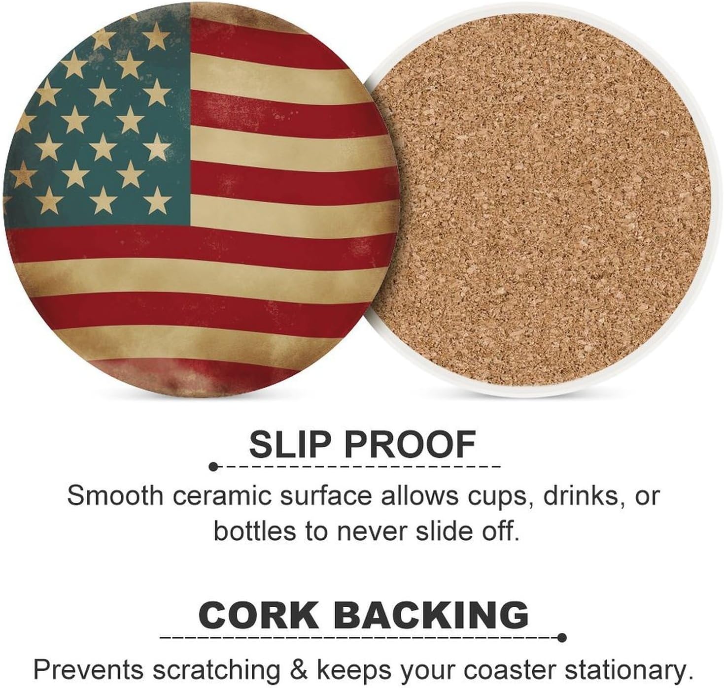 6PCS Vintage American Flag 4Th of July USA Coasters Non-Slip Round Drink Coasters with Ceramic Stone and Cork Base, Heat Resistant Absorbent 33.00Stone Coaster Set for Kinds of Mugs and Cups, 4 Inch