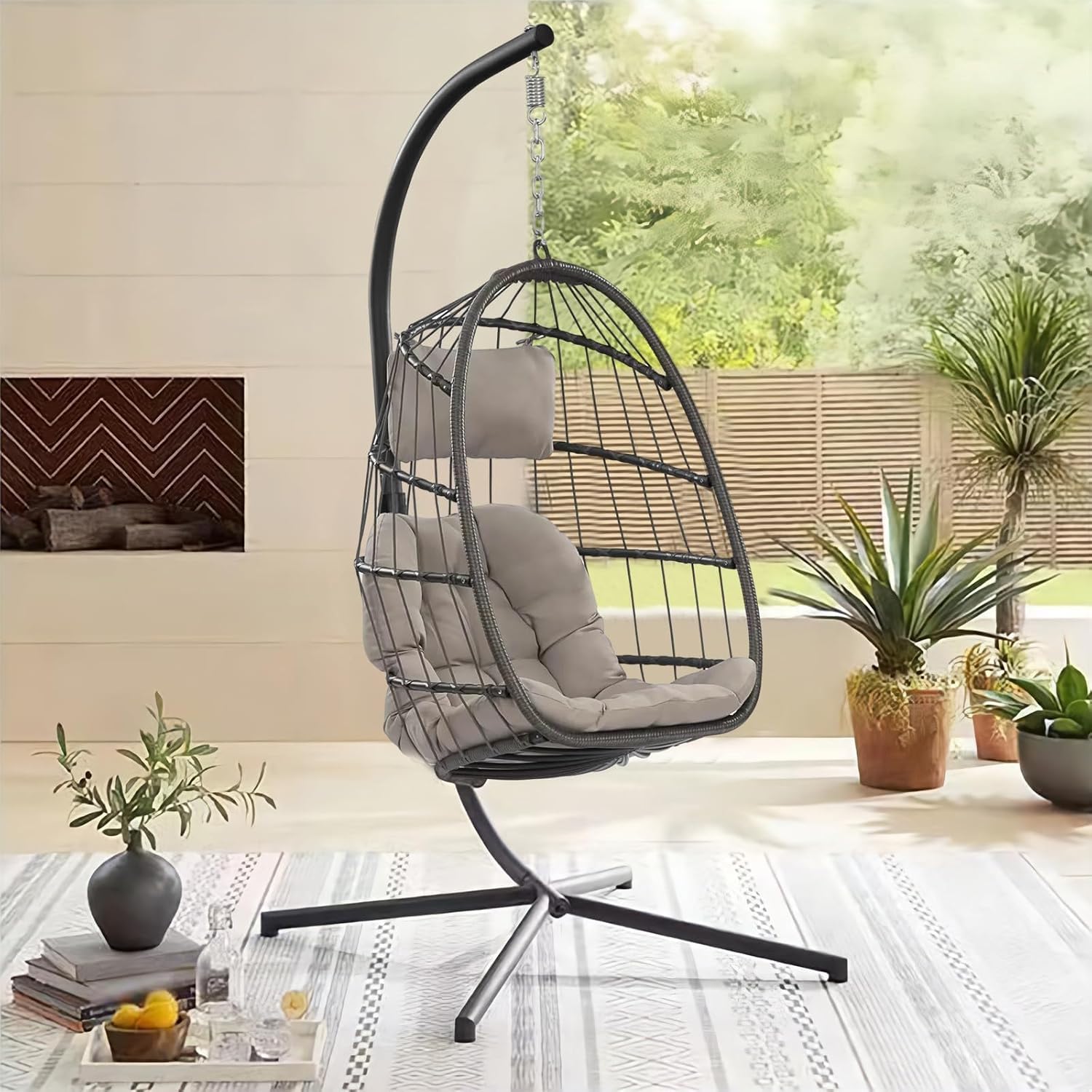 Classic Egg Hammock Chair with Stand, Weather-Resistant PE Rattan & Steel Frame, Indoor/Outdoor Hanging Chair for Patio, Garden, Living Room - Cushioned Seat & Headrest (Grey)