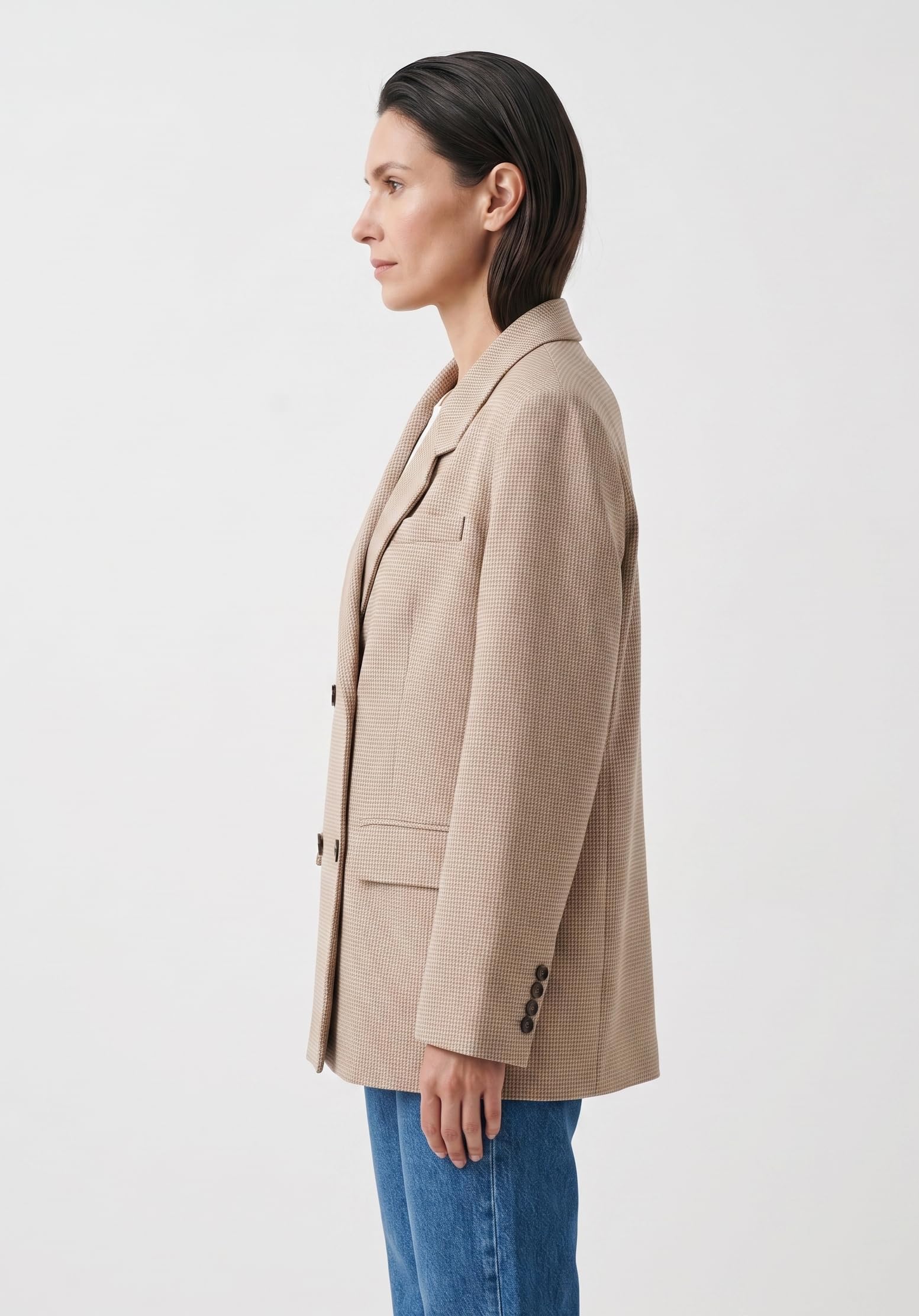 Blazer Femme à Double Boutonnage, Motif Pied-de-Poule, Épaules Structurées, Style Élégant