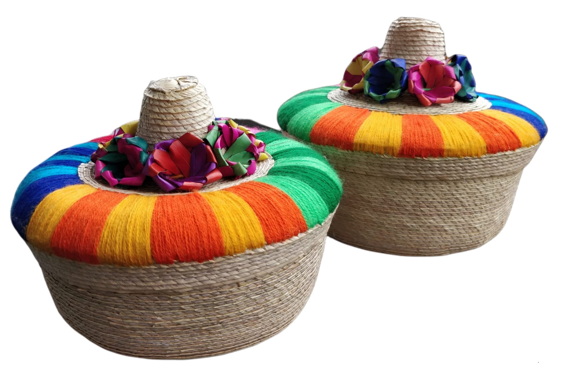 Jacq&Jürgen Tortillero Sombrero & Pancake Handwoven Basket & Handloomed Tortilla Cloth 2 Pack Warmer Keeper Bundle 100percent Palm Mexican Art - Multicolor (Multicolor4) Medium and Large.