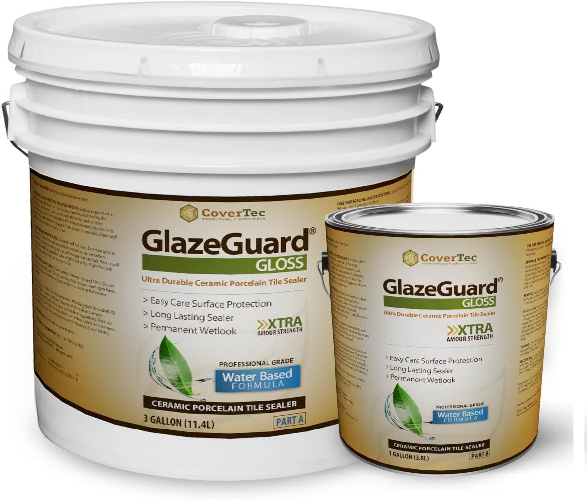 GlazeGuard Gloss Floor Sealer Wall Sealer for Ceramic, Porcelain, Stone Tile Surfaces (4 Gal - Prof Grade (2) Part Kit)