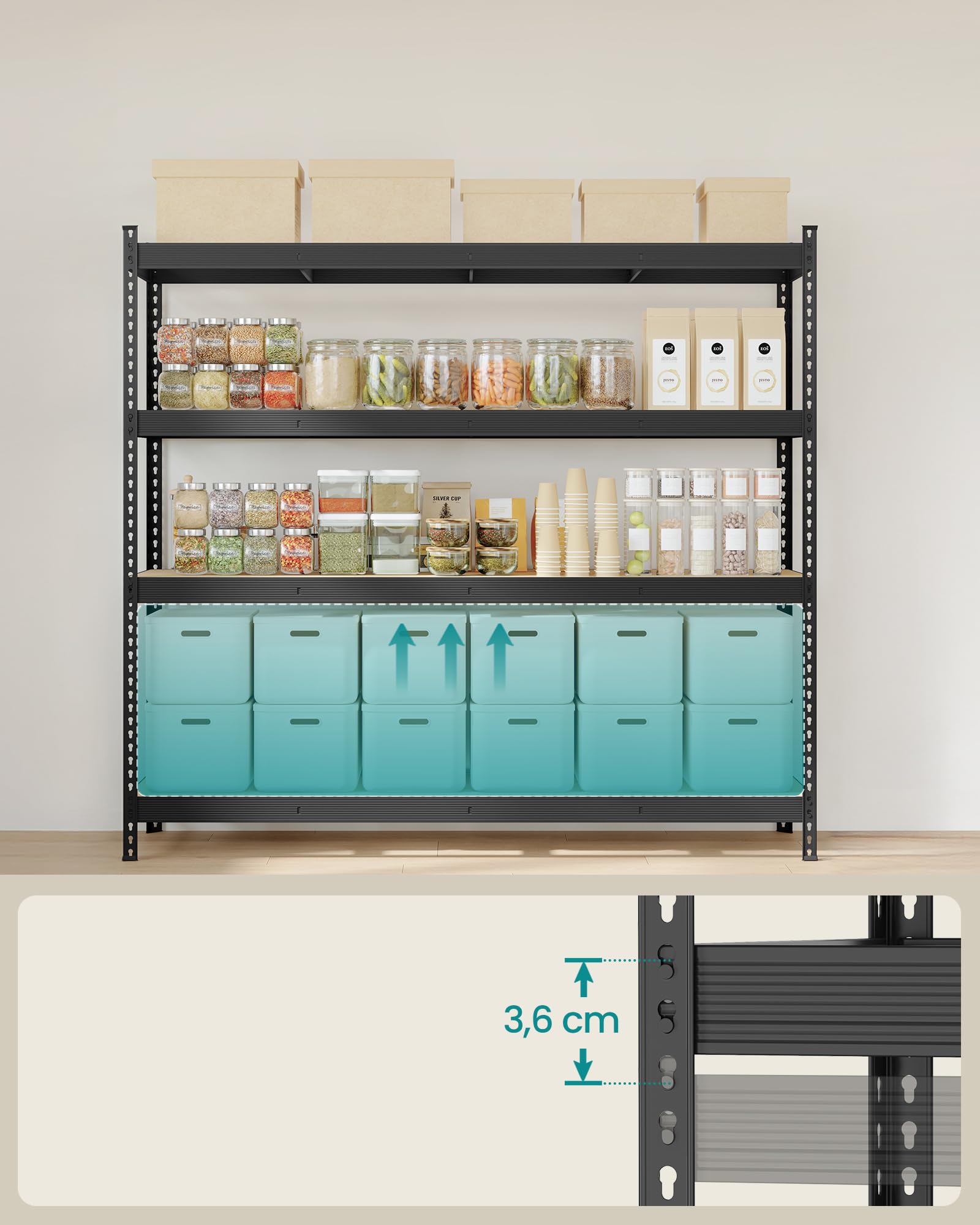SONGMICS 4-Poziomowy Regał Magazynowy, Stal i MDF, Nośność 2000 kg, Bezśrubowy, Regulowane Półki, 200 x 60 x 183 cm, do Garażu i Warsztatu, Czarny, Kolekcja COZORY GLR728BZ01