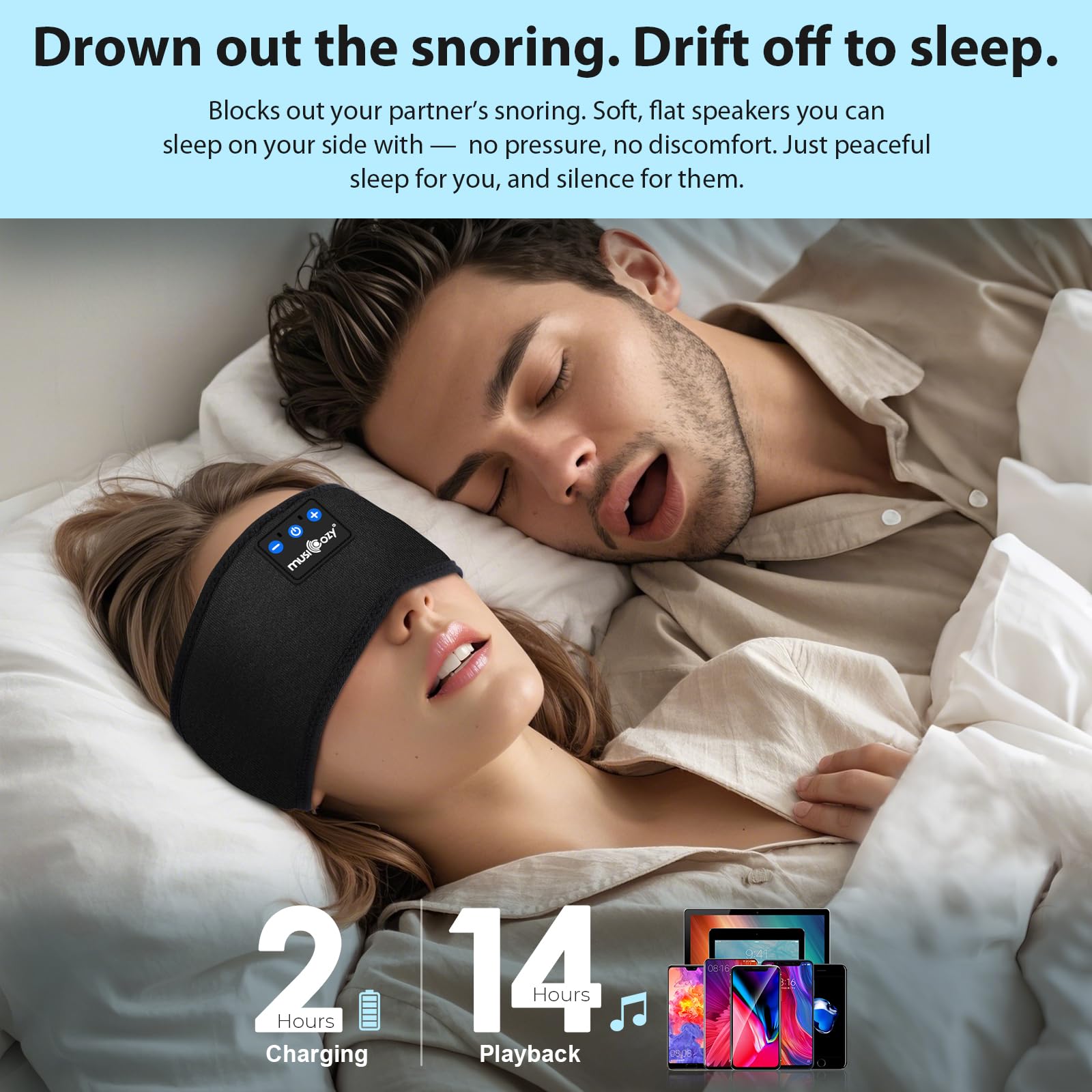 MUSICOZY Cuffie per dormire sul fianco, cuffie Bluetooth ultra morbide, comode senza pressione sull'orecchio, per dormire tutta la notte, rimangono in posizione, 16 ore di riproduzione, Bluetooth 5.4