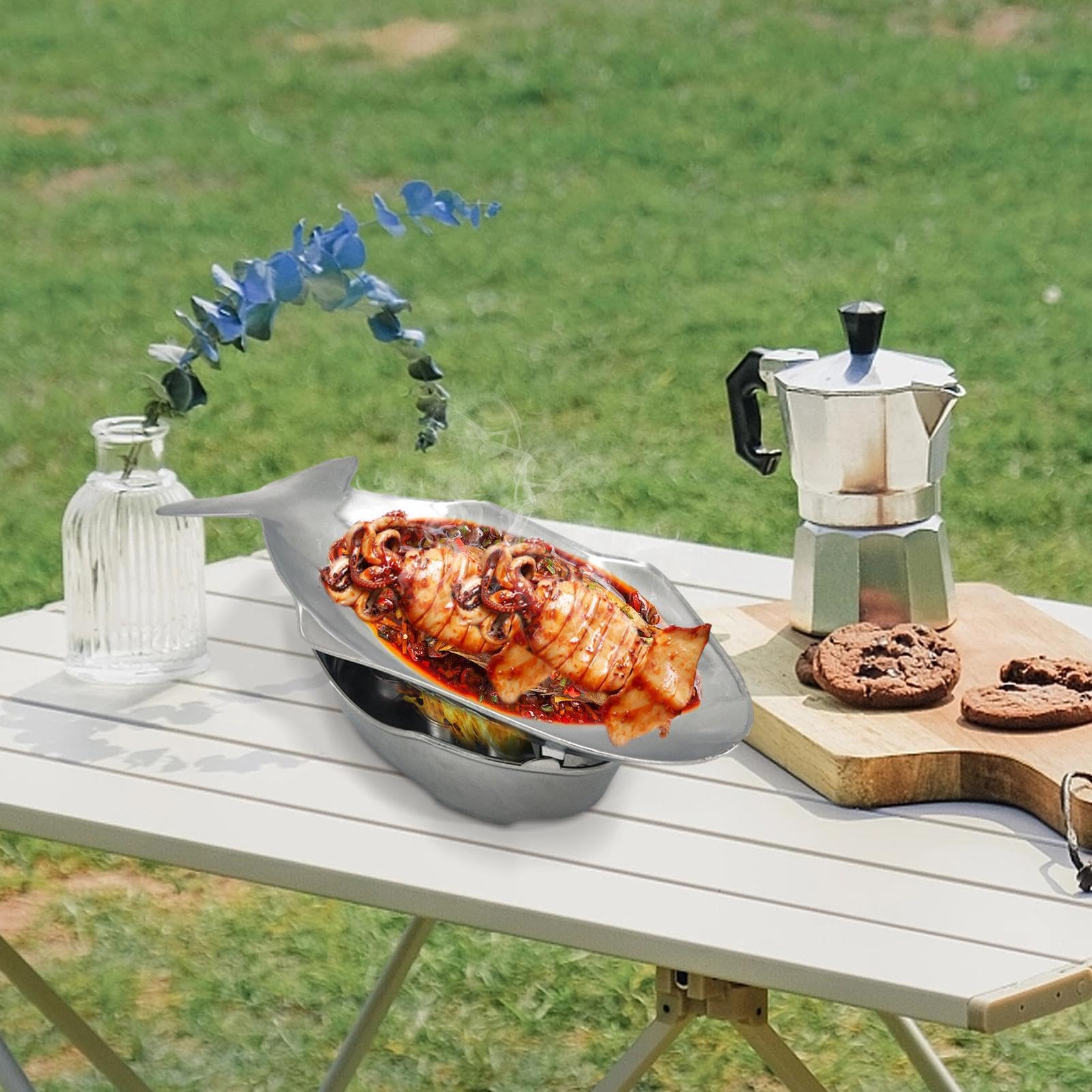 Juego de bandejas de platos de pescado: olla caliente de aluminio para barbacoa, cena familiar, comida callejera asiática, utensilios de cocina versátiles de mariscos para entretenimiento y cocina al