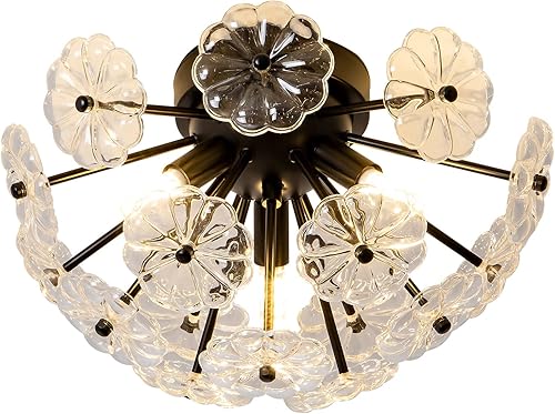 Miniatura 8 de Lámpara de Techo Semiempotrada, Luminarias de Techo de Metal Negro con Diseño de Flor, Lámpara de Techo de 3 Luces Estilo Granja para Dormitorio
