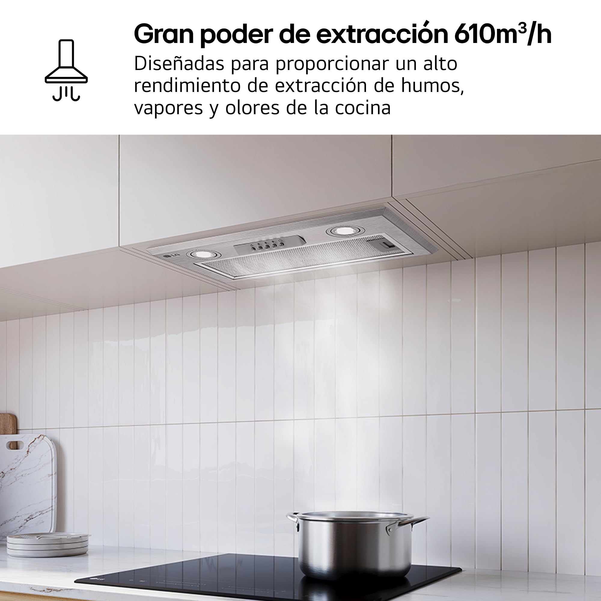 LG HE3Z2415S - Campana extractora integrable, grupo filtrante, 60 cm, 600 m³/h, 3 niveles de potencia, Color Inox, Clase energética C