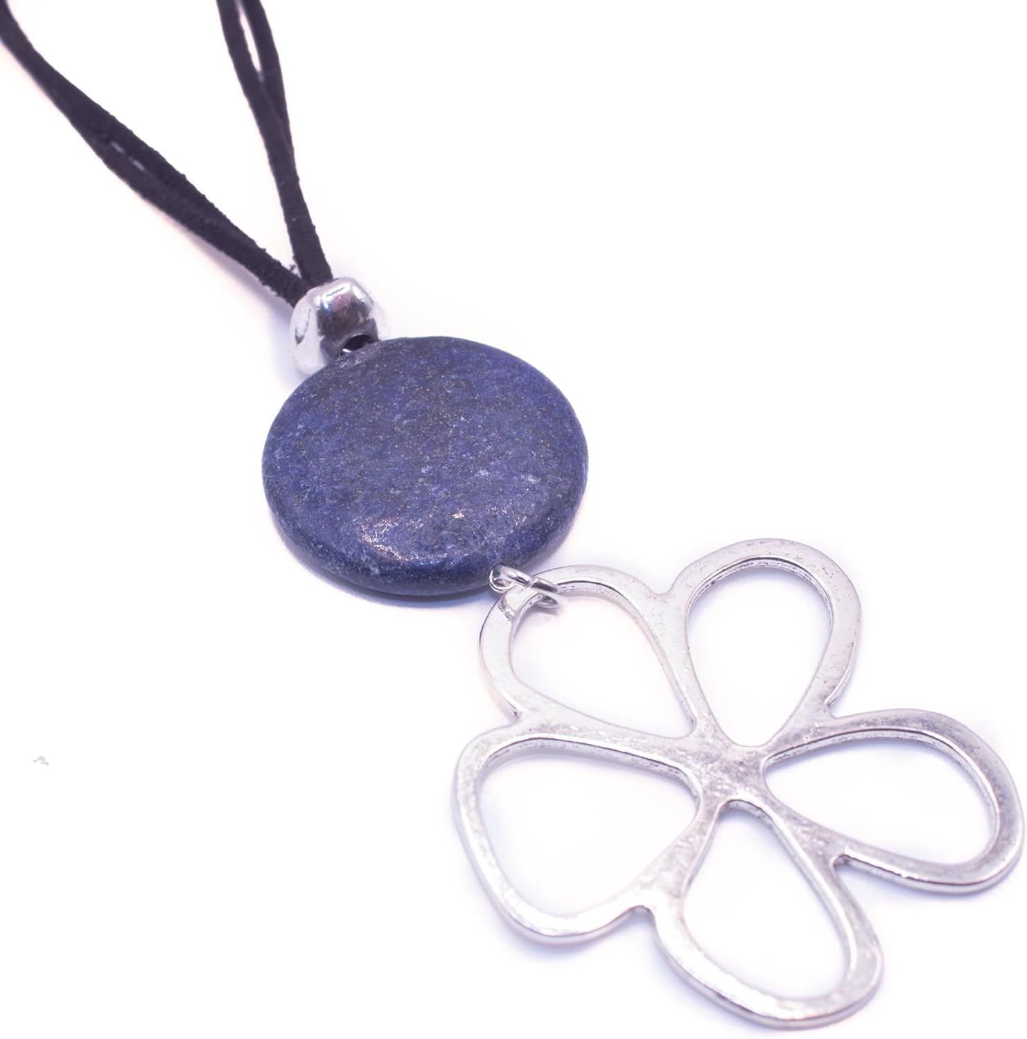 -Women's Natural Stone Pendant Lapis Lazuli – Women's Flower Pendant – Long Necklace with Adjustable Suede Cord – Large Silver-Plated Flower – Boho Style Stone Necklace Protective Amulet - Image 7