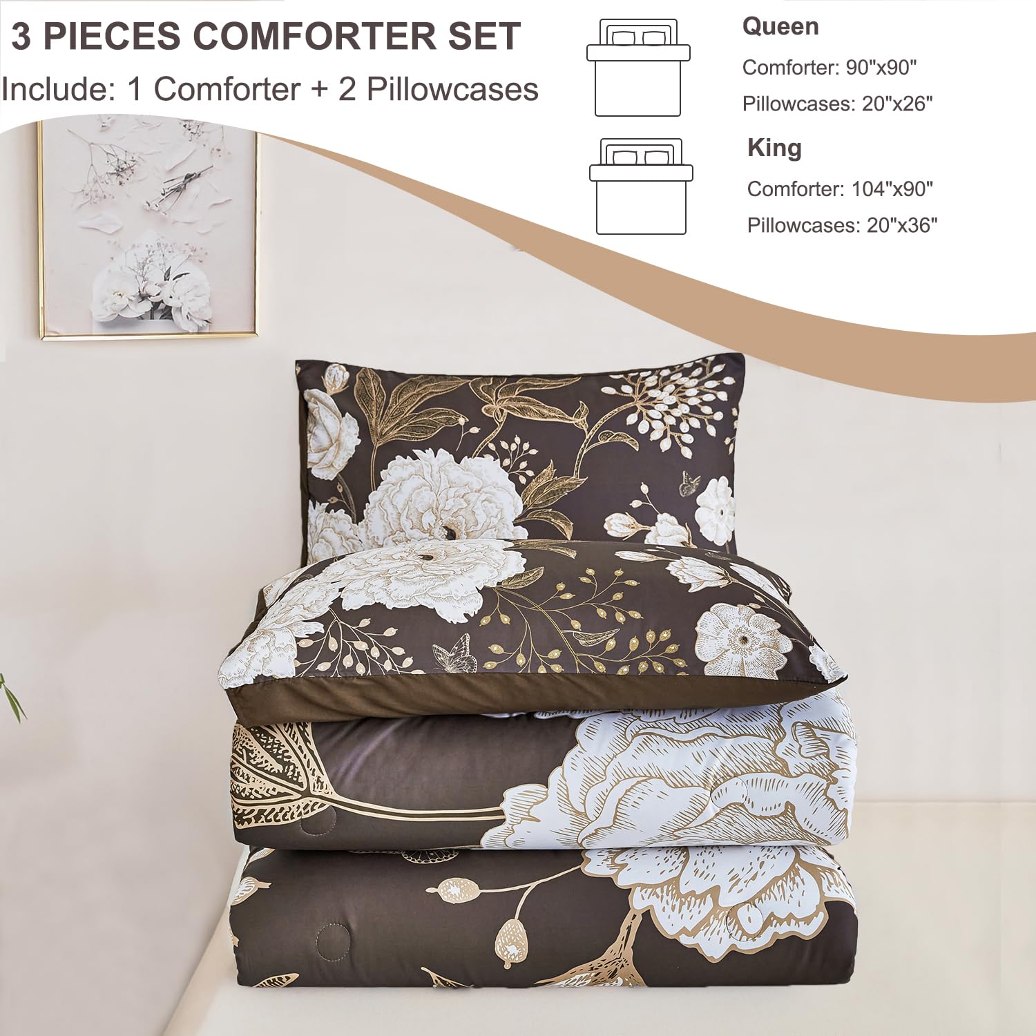 PERFEMET Brown Floral Comforter Set King Size, 3 Pieces Botanical
