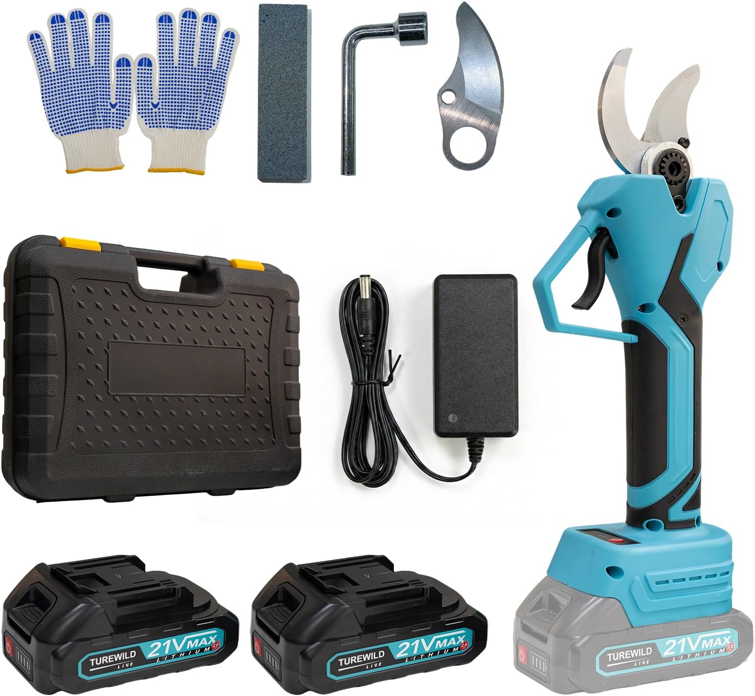 Electric Pruning Shears, 21V Max Cordless, Blue, with 2 Batteries, Charger, Carrying Case, Gloves, Sharpening Stone, and Accessories