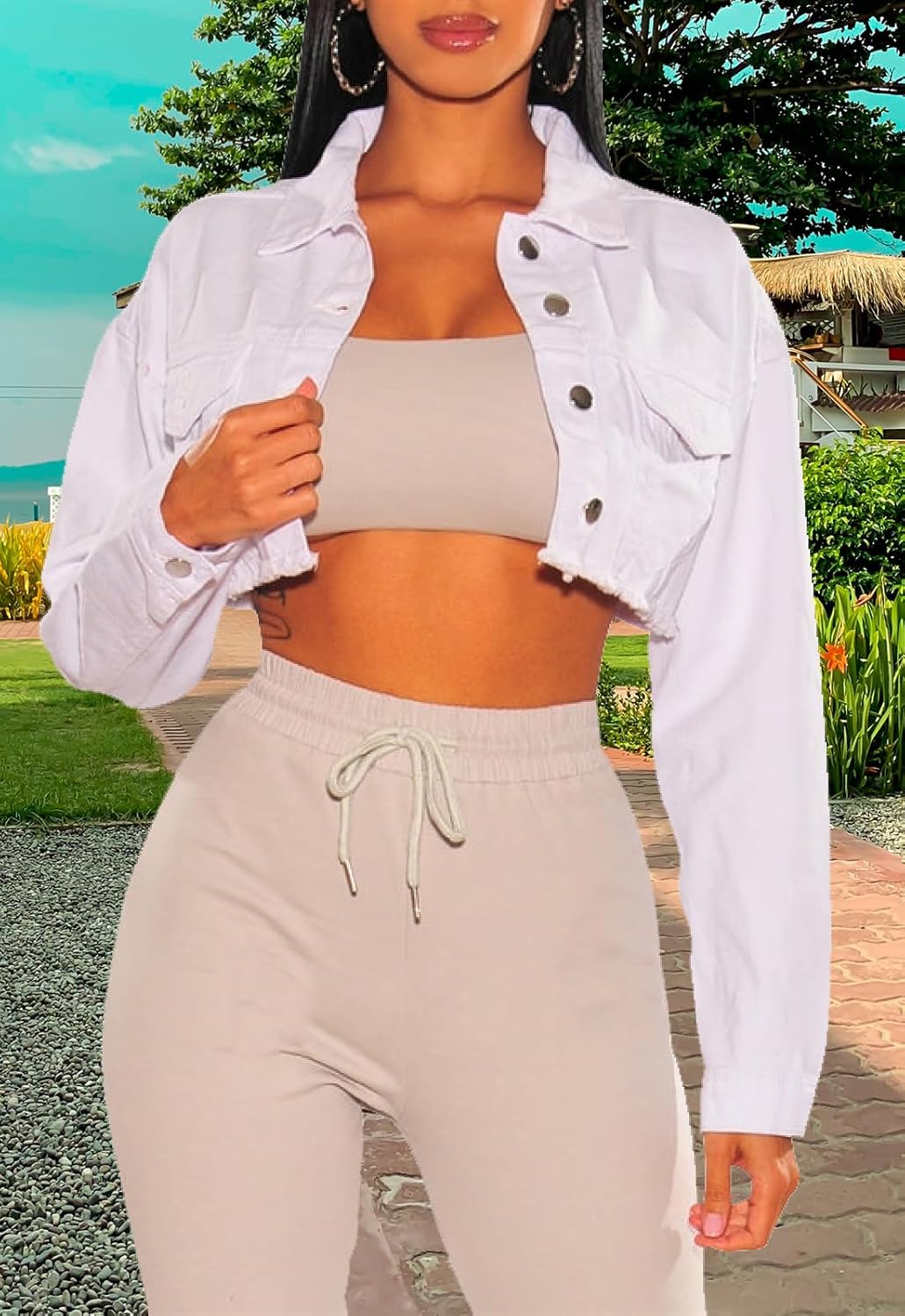 Women's Crop Top Jean Jacket Button Down Long Sleeve Cropped Denim Jacket Coat - Image 2