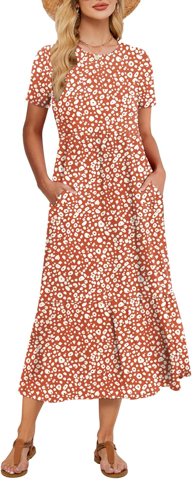 Women's Summer Maxi Dress 2025 Casual Short Sleeve Crewneck Flowy Swing Tiered Long Beach Dresses with Pockets