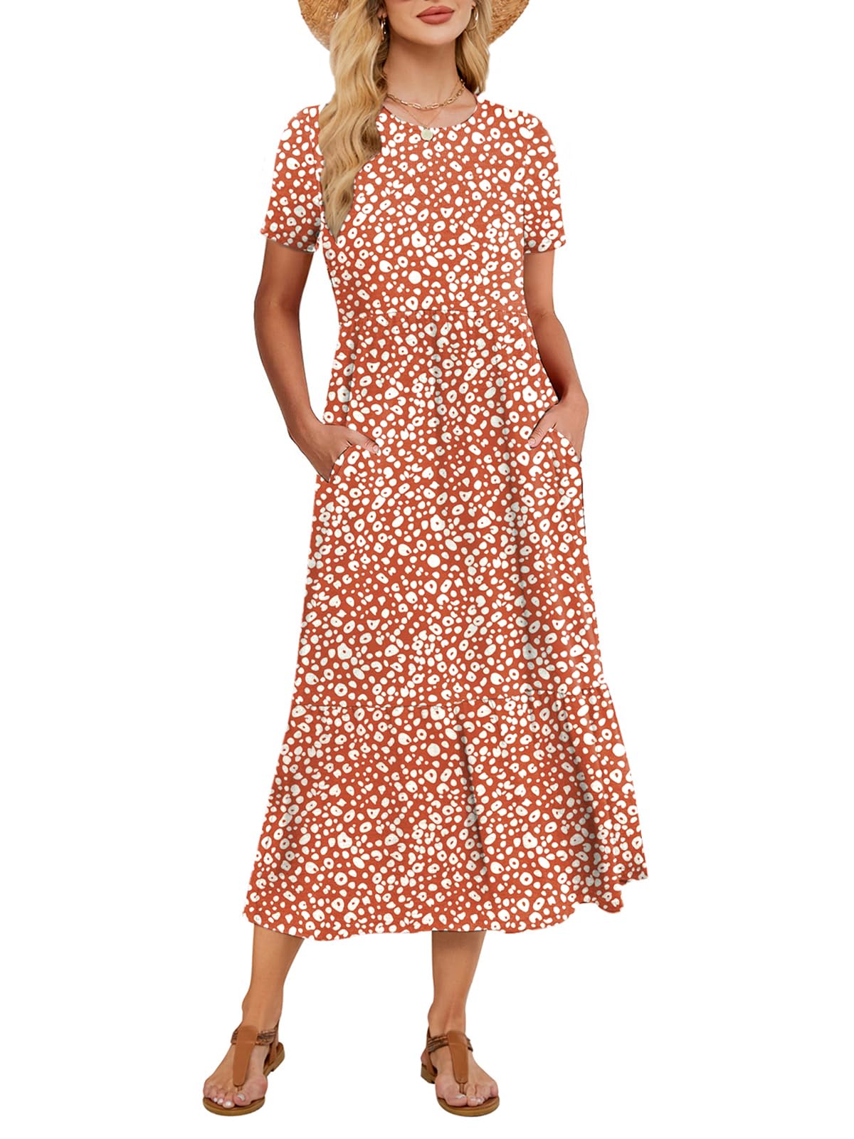 Women's Summer Maxi Dress 2025 Casual Short Sleeve Crewneck Flowy Swing Tiered Long Beach Dresses with Pockets