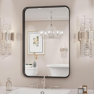 Bathroom Mirror 30x22 Inch Black Metal Framed Rounded Rectangle Vanity Mirror for Wall, Over Sink, Farmhouse, Restroom, Anti-Rust, Modern Decorative, Horizontal or Vertical Hanging