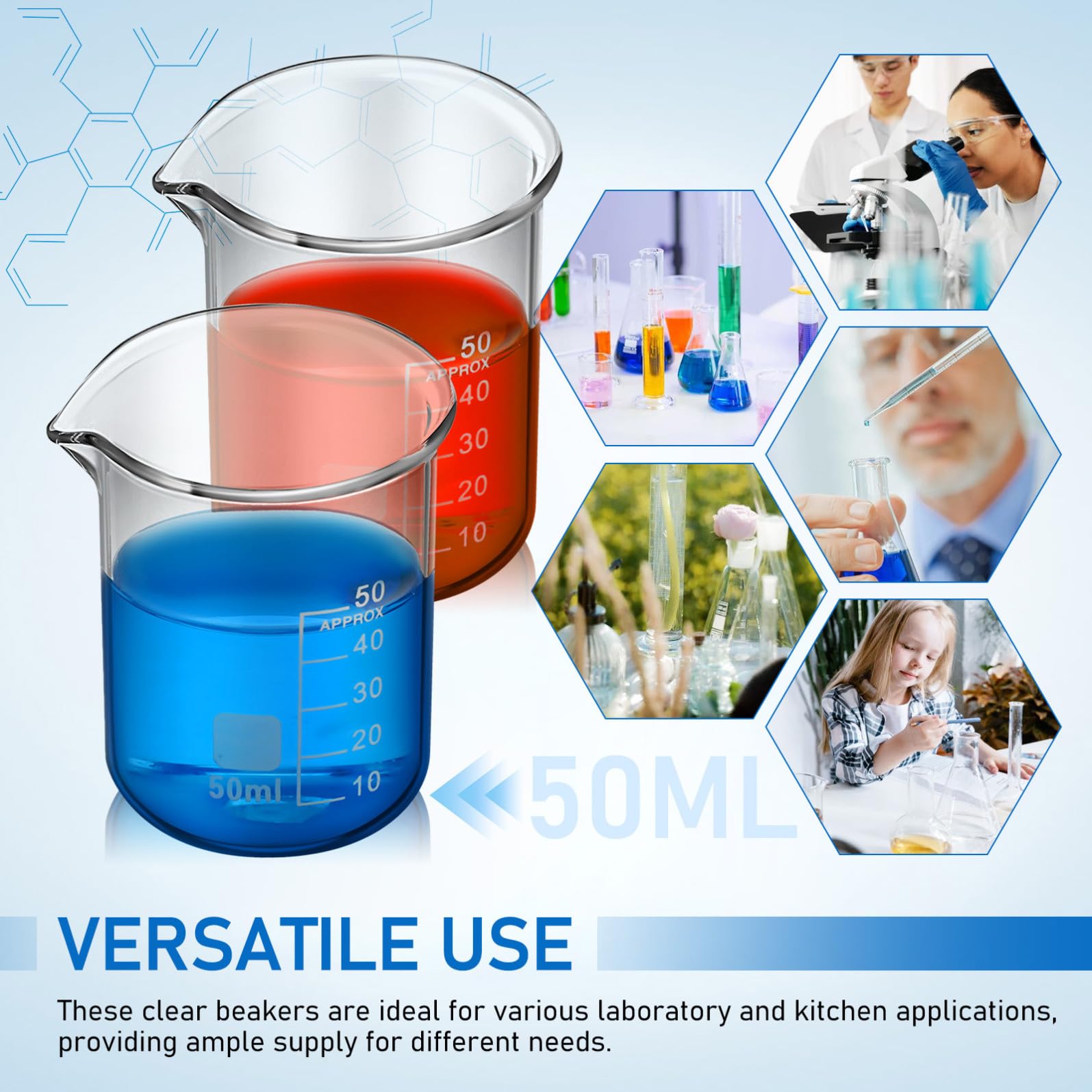 PRETYZOOM 20 Pezzi Becher in Vetro da 50ml Scala Graduata per Misurazioni Precise, Design Semplice ed Elegante, per Forniture di Laboratorio Chimico