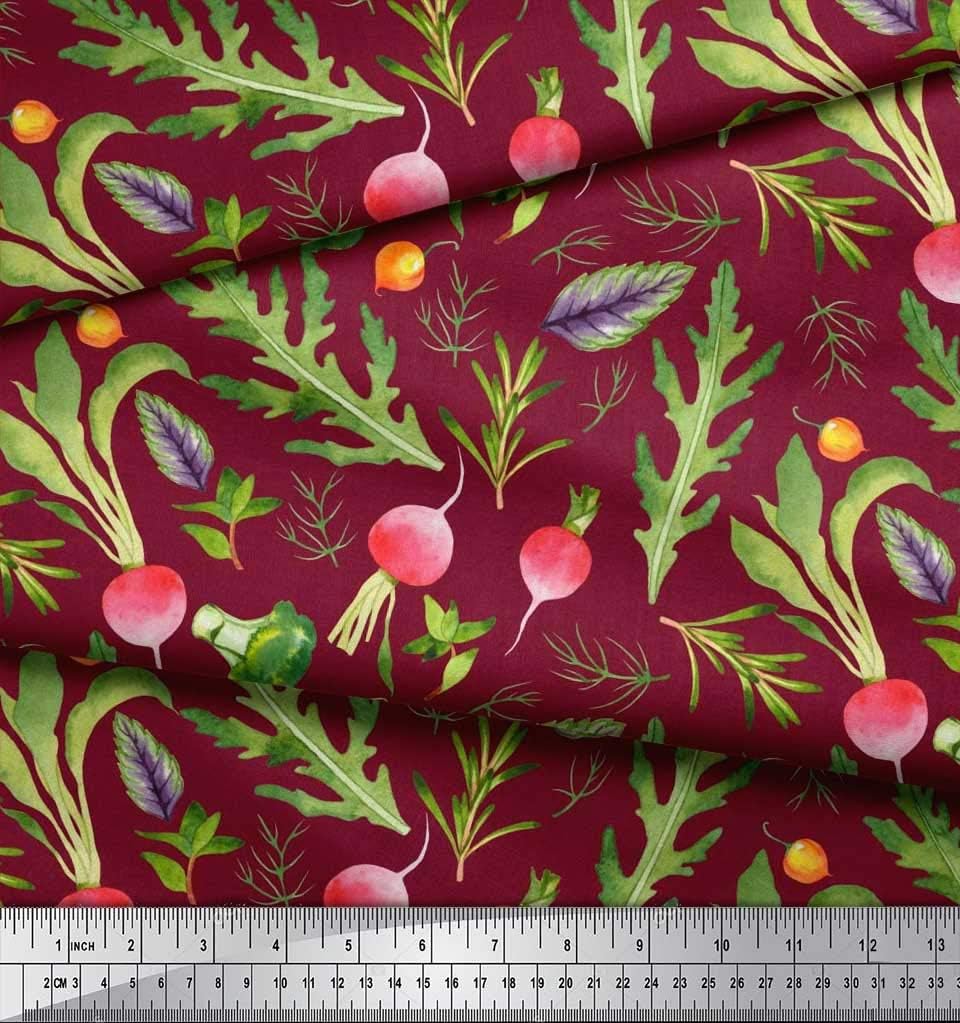 Soimoi Valvet Red Fabric - by The Yard - 58 Inch Wide - Leaves, Turnip & Broccoli Vegetable Harvest Material - Fresh and Nutrient-Rich Patterns for Kitchen Decor Printed Fabric