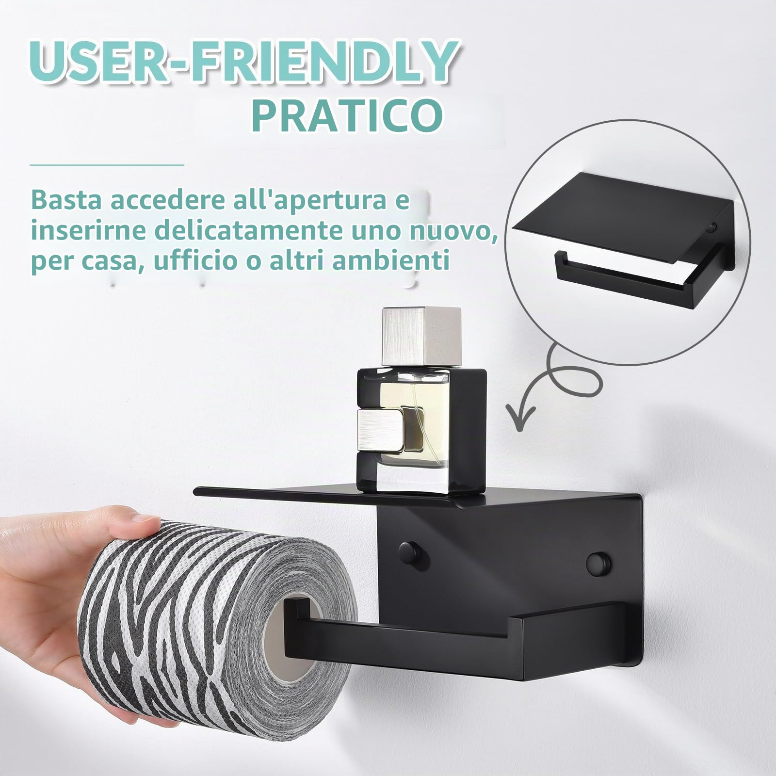 APLusee Porta carta igienica nero opaco con mensola, lato sinistro, in acciaio inox 304, montaggio a parete