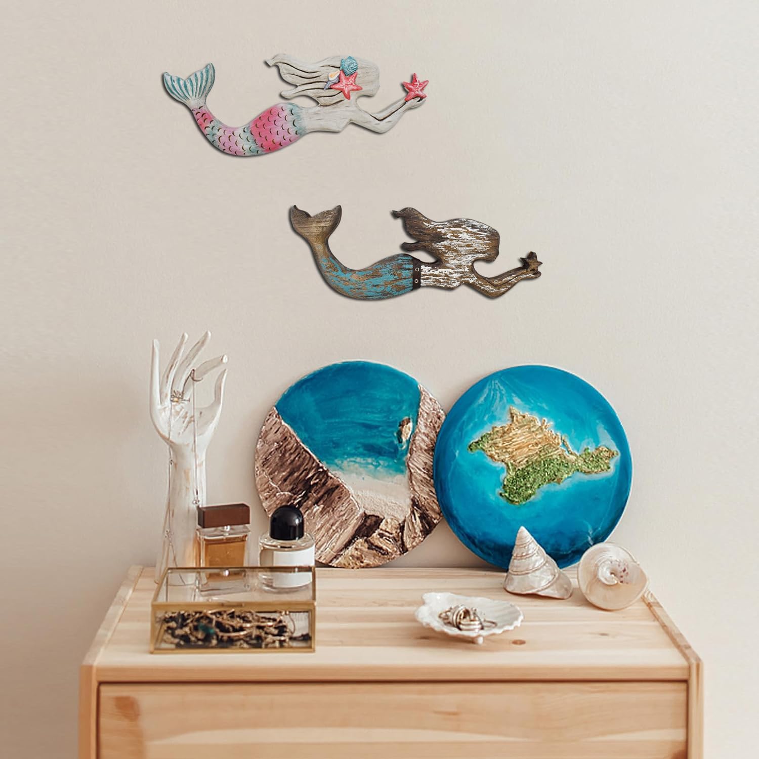 Veclotch Wood Mermaid Nautical Beach Wall Decor, Rustic Mermaid Wooden Hanging Coastal Wall Art Sculpture for Home, Lake House, Ocean Bathroom Decor