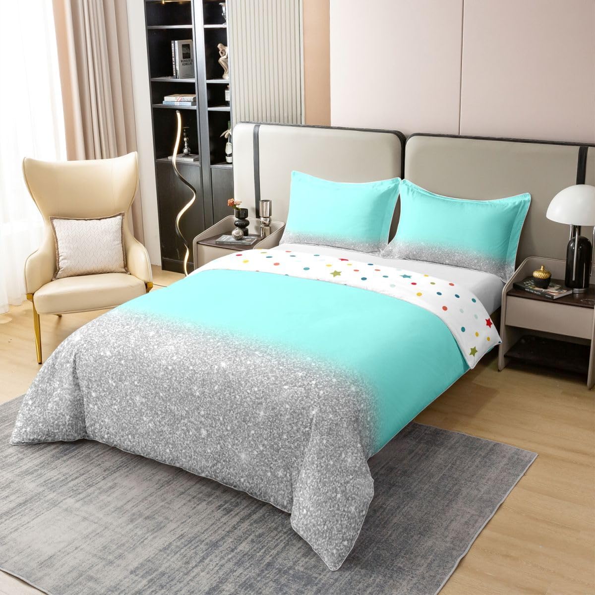 Feelyou Boys Girls Blue Grey Glitter Duvet Cover 100% Cotton Queen Size