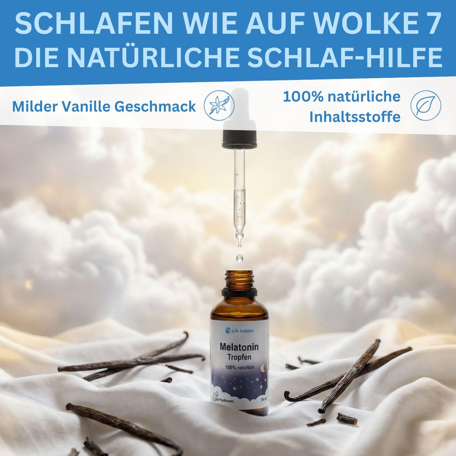 Melatonin Tropfen - 3x 50 ml - 100% Natürlich - Schlaftropfen - Entspannungstropfen - mit milden Vanillegeschmack
