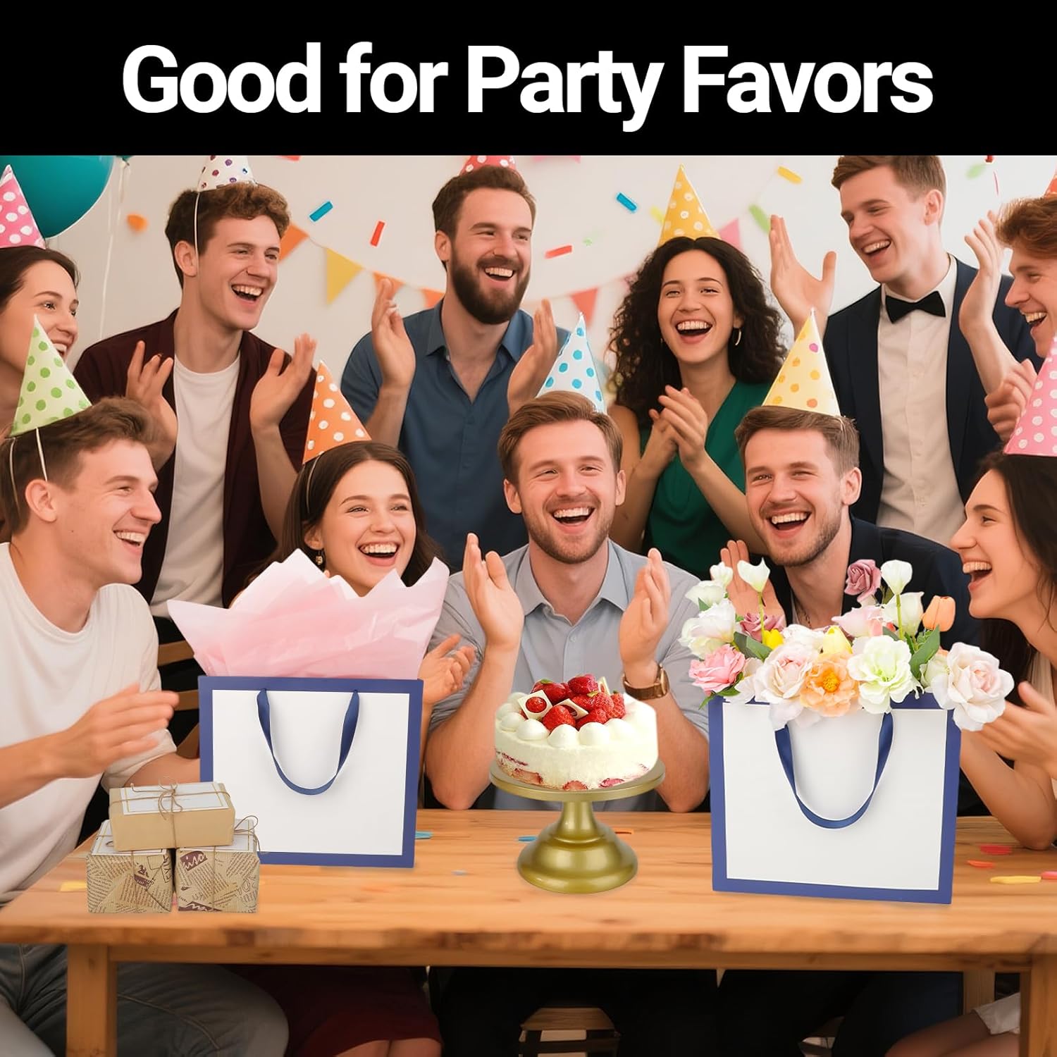 EUSOAR Gift Bags with Handles, 50pcs 12.5"x4.5"x11" Kraft Paper Party Favor Gift Wrap Bags, Merchandise Retail Paper Shopping Wrapping Bag for Small Business Grocery Boutique Wedding-White/Blue