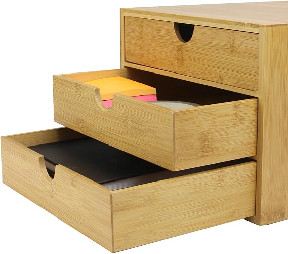 Bamboo Desktop Drawer Organiser – Slim 3 Drawer Storage Unit for Office, Stationery, Makeup & Crafts – Eco-Friendly Wooden Desk Tidy Box for Home or Work | M&W