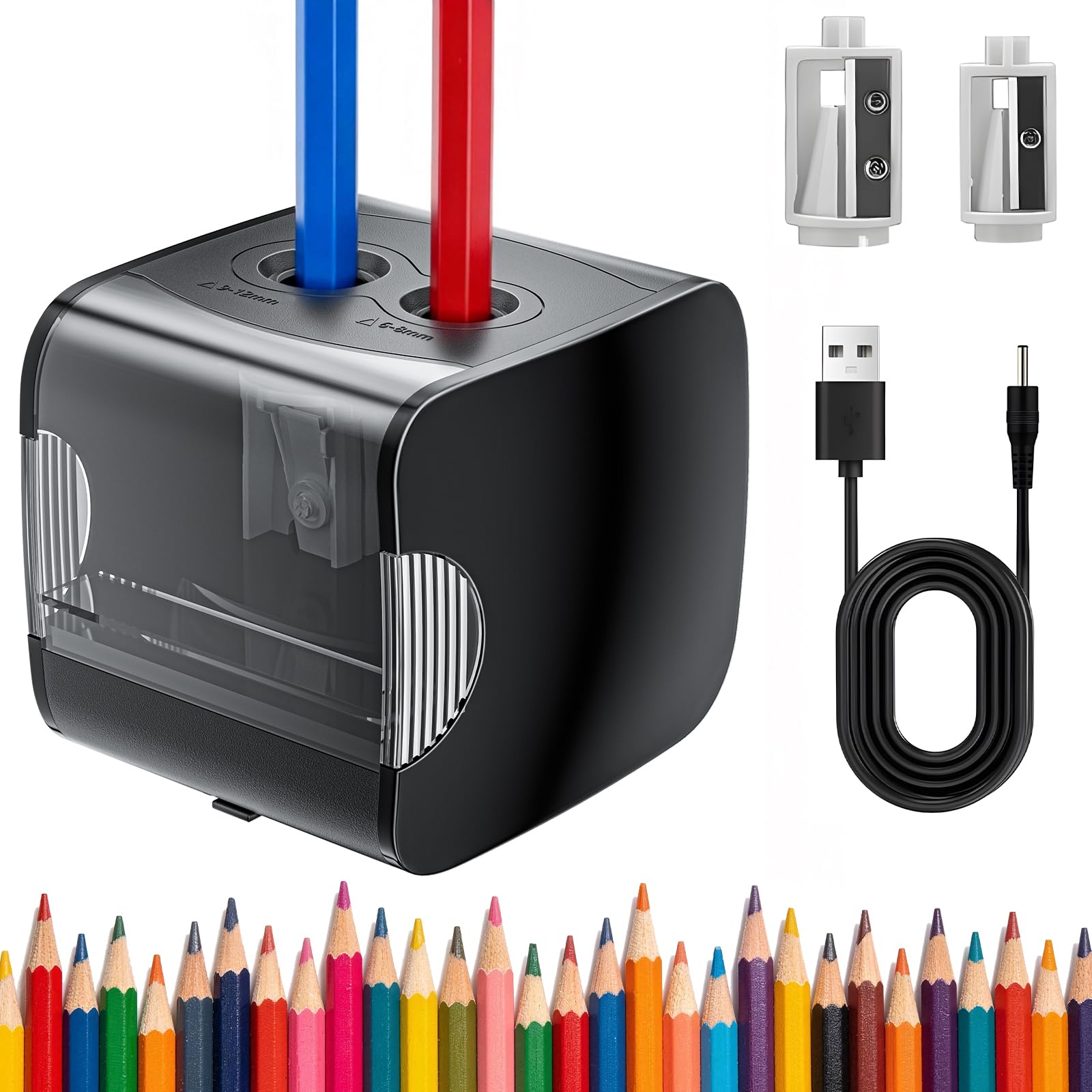Electric Pencil Sharpener, Automatic Pencil Sharpeners Battery Operated, Sharpener for 6-8mm and 9-12mm, Supplies for Kids Desk, Electric Sharpener for Colored Pencils