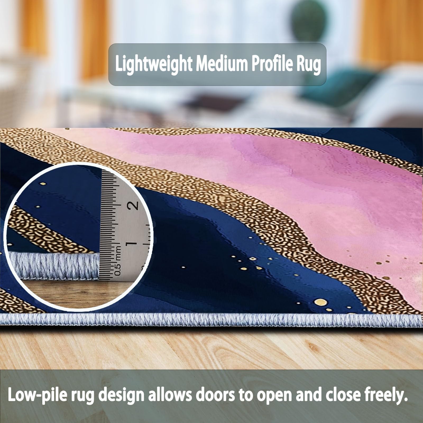 Tappeto 60 X 90 Cm Lusso Leggero Motivo Dorato Fluido, Tappeto In Flanella Pelo Corto Morbido – Lavabile In Lavatrice, Antiscivolo, Facile Da Pulire – Per Salotto, Camera Da Letto – Blu Rosa