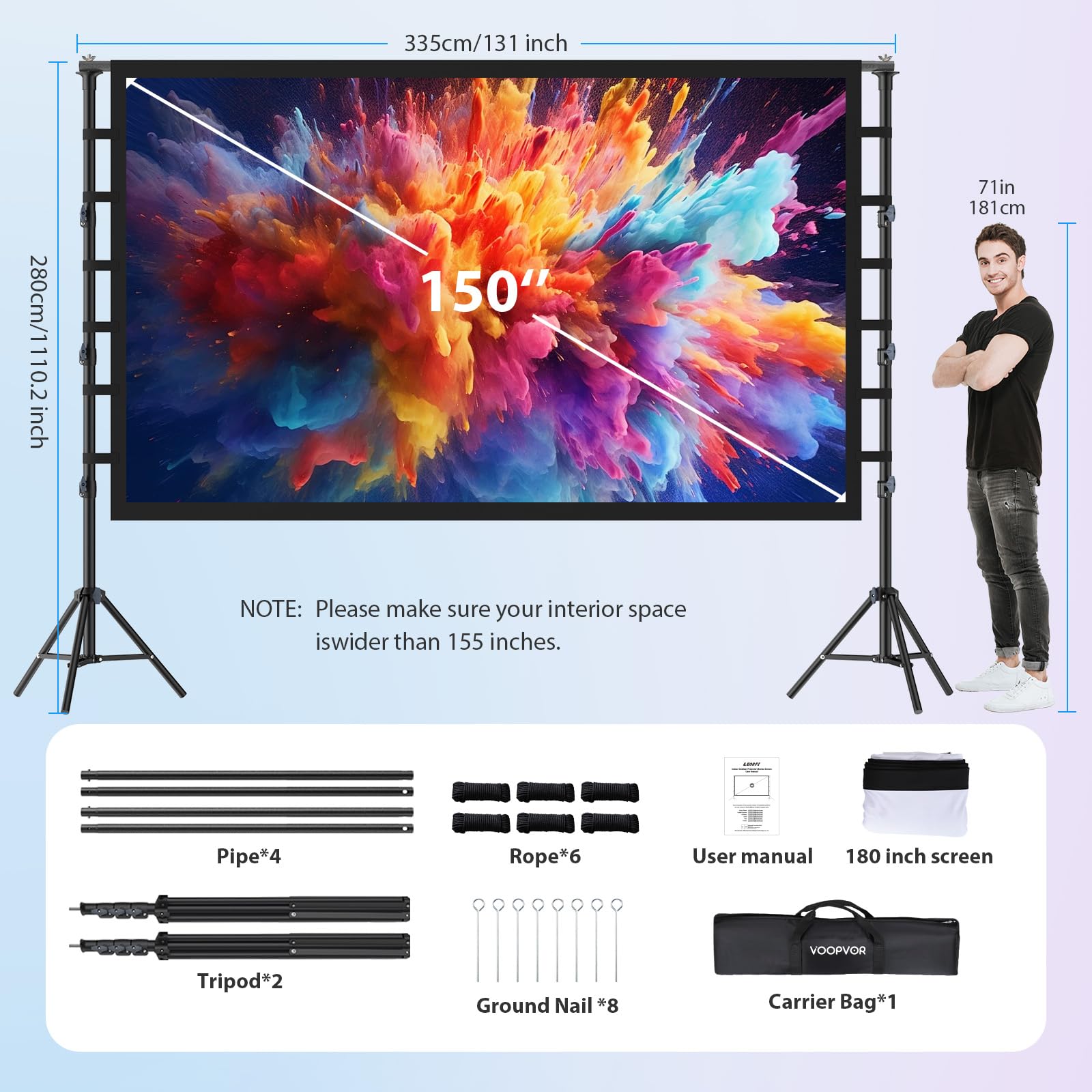 Pantalla de proyector para exteriores con soporte de 150 pulgadas: pantalla de proyección portátil  y soporte, pantalla de cine frontal trasera interior 16:9 4K HD, con bolsa de transporte, 6