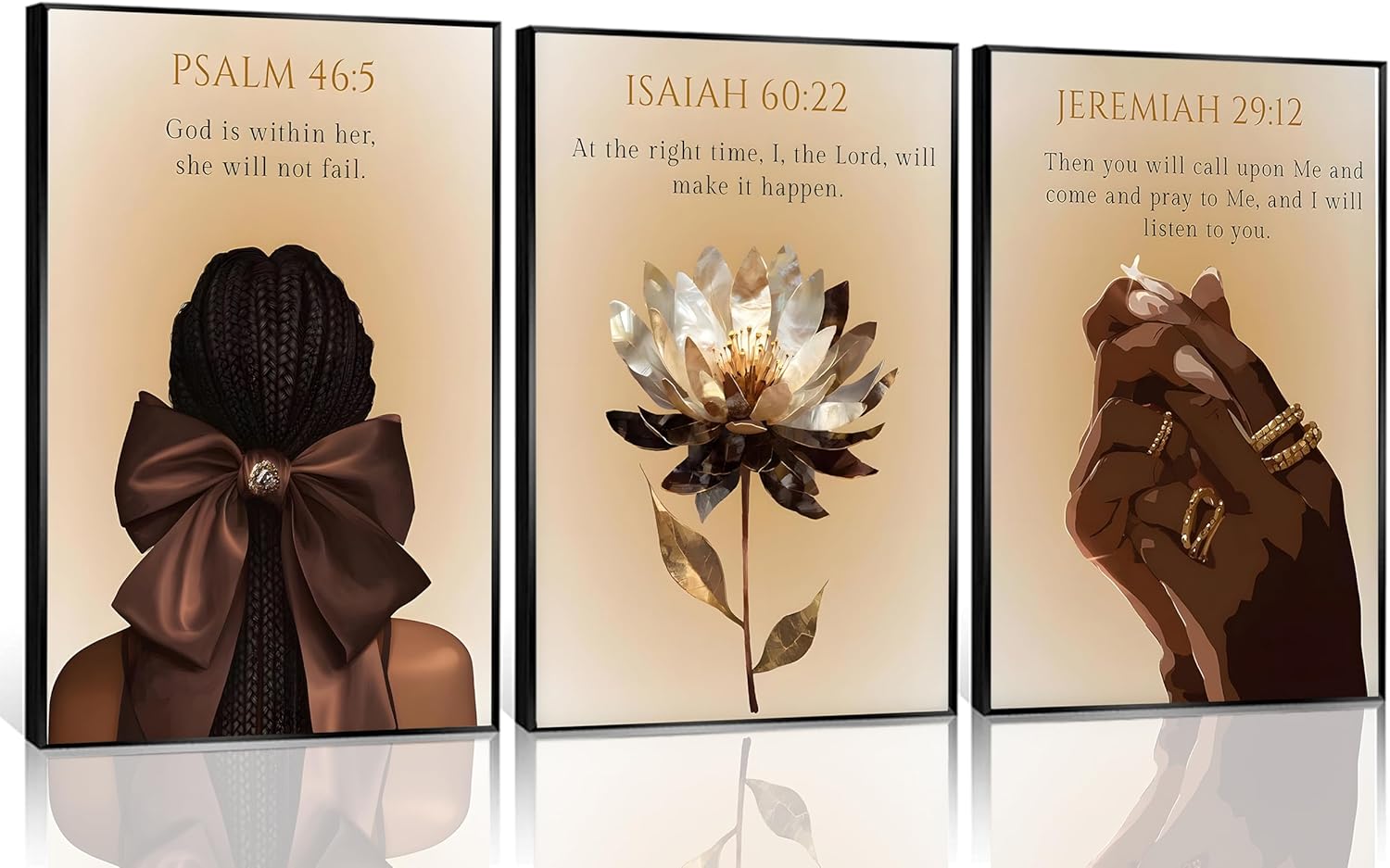 3Pcs Trend Black Girl Canvas Wall Art Christian Bible Verse Poster Prints Abstract Fashion Lotus Flower Pictures Wall Decor for Living Room Bedroom Home Decoration Unframed
