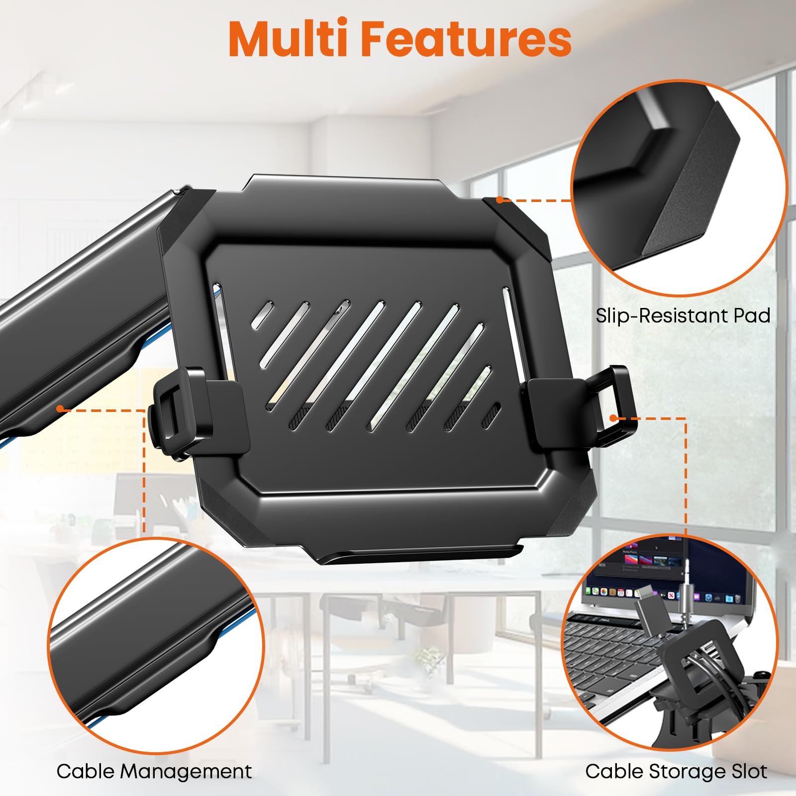 Soporte de Pared para Portátil de 12-17 Pulgadas - Altura Ajustable con Plataforma de Refrigeración Ventilada, Capacidad 1-9 kg, VESA 75/100 mm, También Válido para Monitor, Gestión de Cables