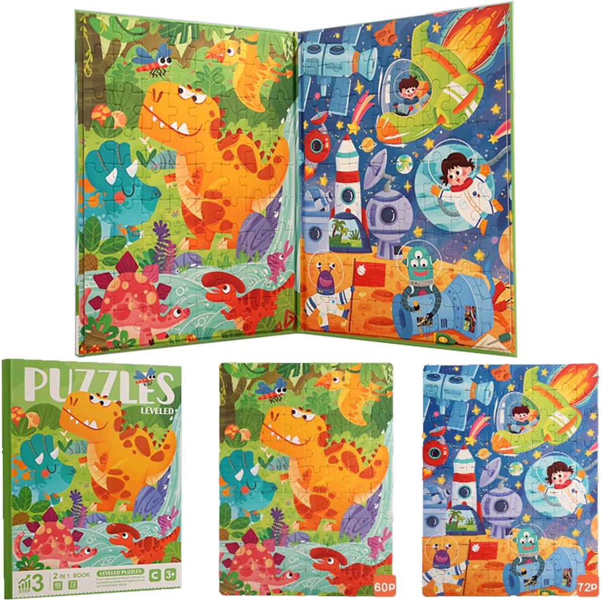 Magnetic Puzzles for Kids Ages 4-8 Toddlers 3-5, Jigsaw Puzzle Book with Dinosaur and Space Toddler Travel Toys, Educational Learning Gifts for Girls & Boys (132 PCS Dinosaur and Space 2 in 1 Book)