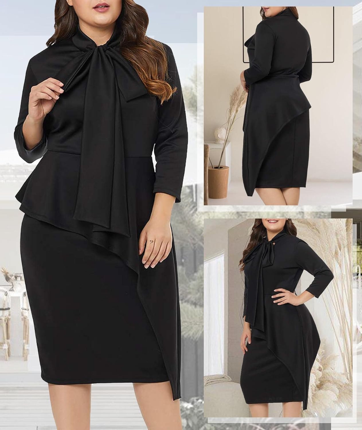 LALAGEN Women's Plus Size Long Sleeve Peplum Tie Neck Bodycon Pencil Midi Dress