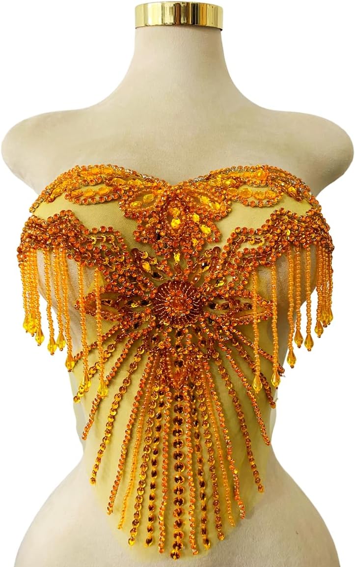 Unique Tassel Decorative Appliques Pure Handsewing Beads Rhinestones Trim Patches Luxurious Design Accessories for The Chest of Clothes Dress (Silver)