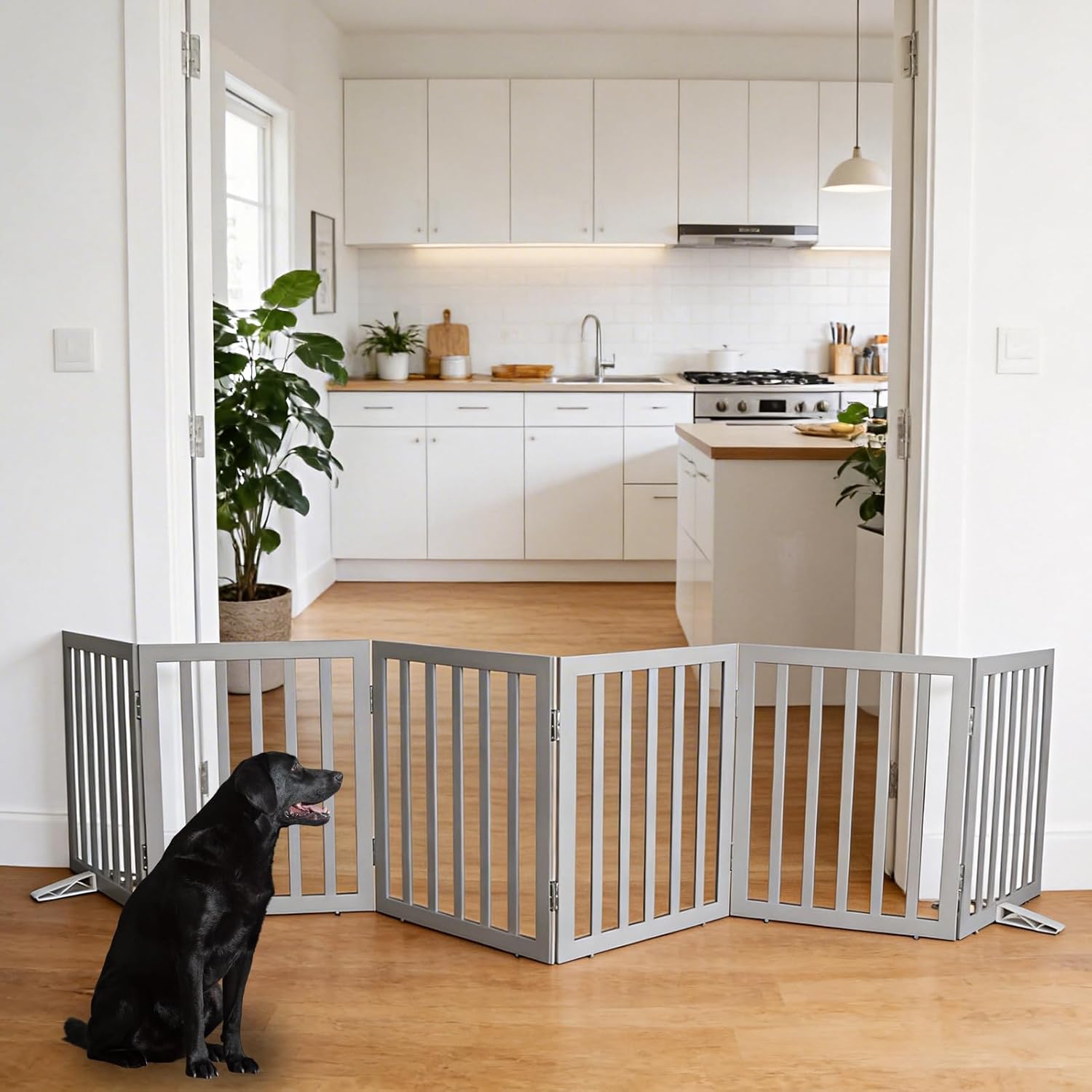 zjsf freestanding indoor dog gate for house foldable wood puppy gate for doorways pet gate for stairs extra wide pet fence, grey, 24" height 6 panels ?6 panels?120''w x 24''h gray
