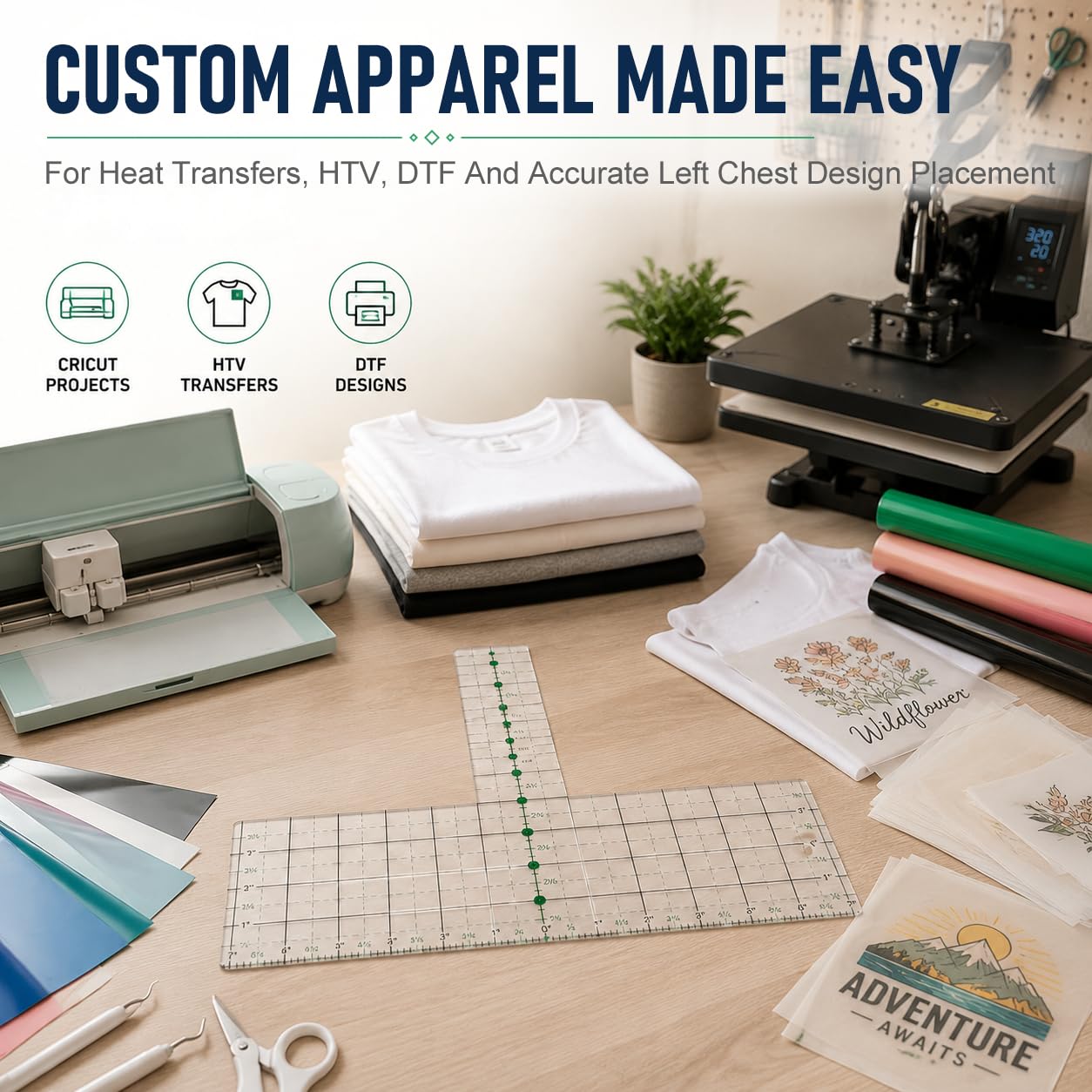 Left Chest Logo Placement Tool - Clear Acrylic T-Shirt Alignment Ruler Guide for Heat Press and Embroidery, Shirt Measurement Tool for Pocket Logos