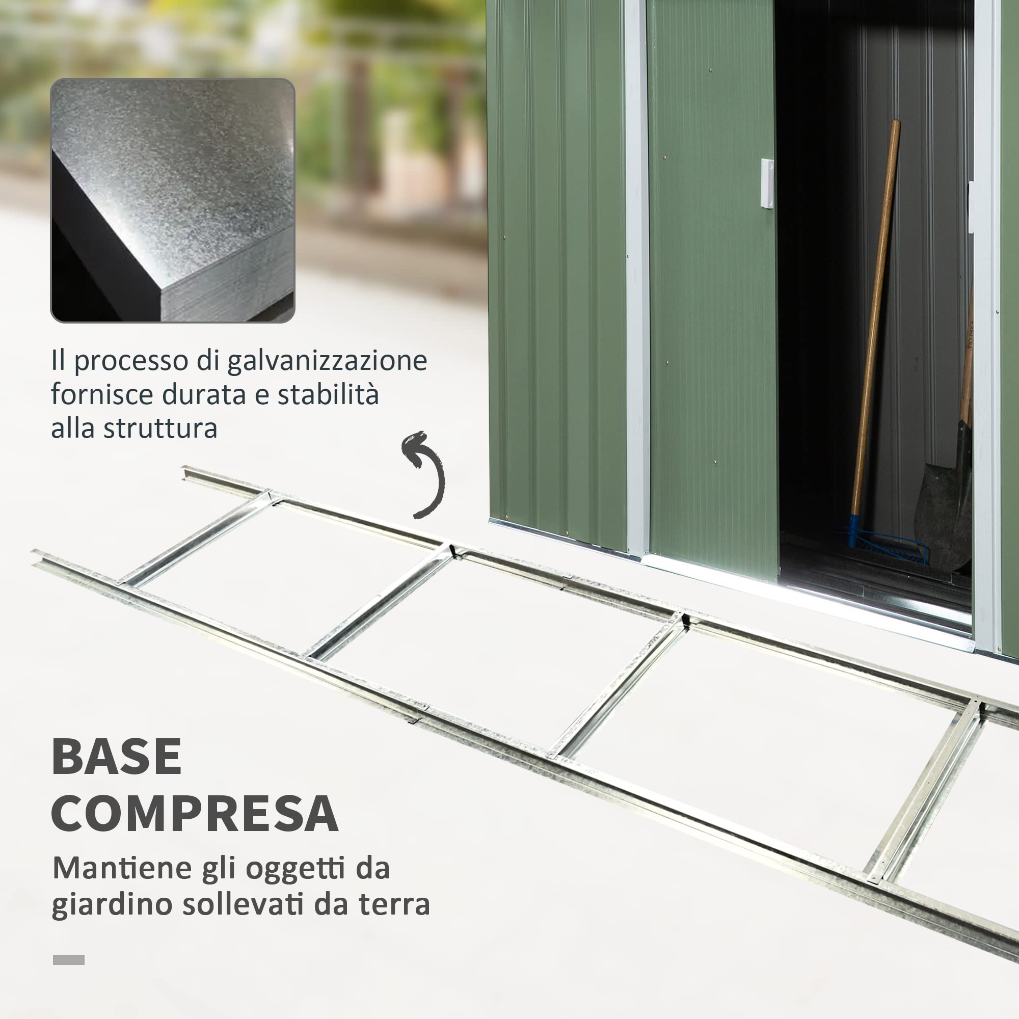 Outsunny Casetta da Giardino in Acciaio con Tetto Inclinato, Doppia Porta Scorrevole e Prese d'Aria, 213x130x173 cm, Verde