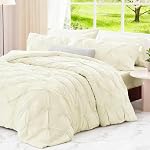 Queen Set de confort Beige - Ultra Soft Boho Pintuck Cream Down Ensemble de literie alternative pour toutes les saisons, 3 Pièces Ensemble de lit en pli de pinceau léger et chaud avec couverture de couettes, 2 Étagères (90"x90")