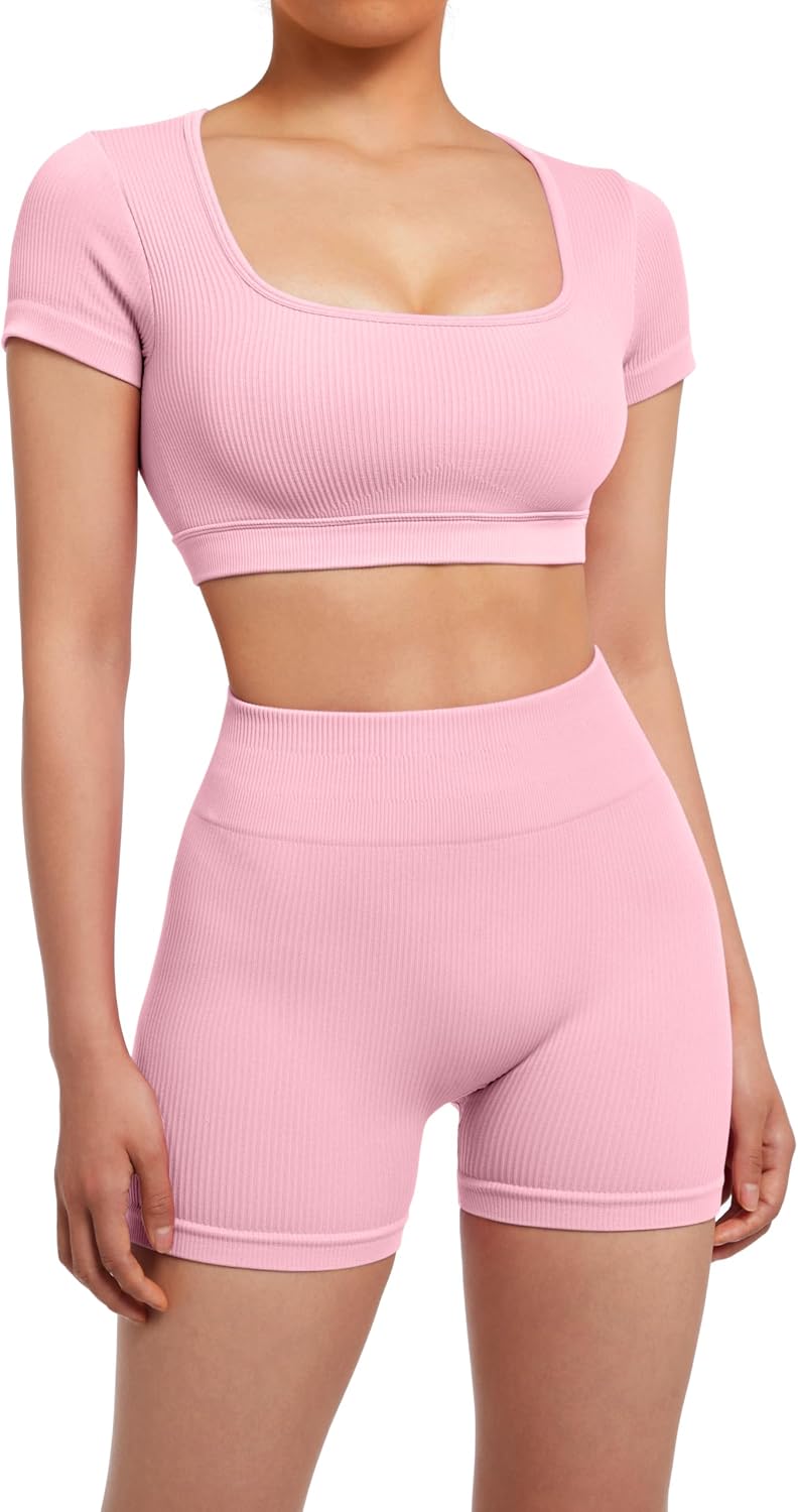 SUUKSESS Womens Workout Sets Open Back Gym Sets Woman Yoga Pilates Crop Tank High Waisted Bike Shorts