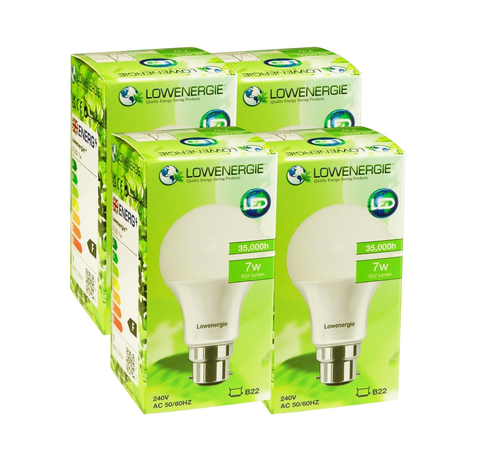 LOWENERGIE LED Light Bulbs 7W B22 Bayonet Warm White 3000K A60 GLS Lamps, Pack of 4