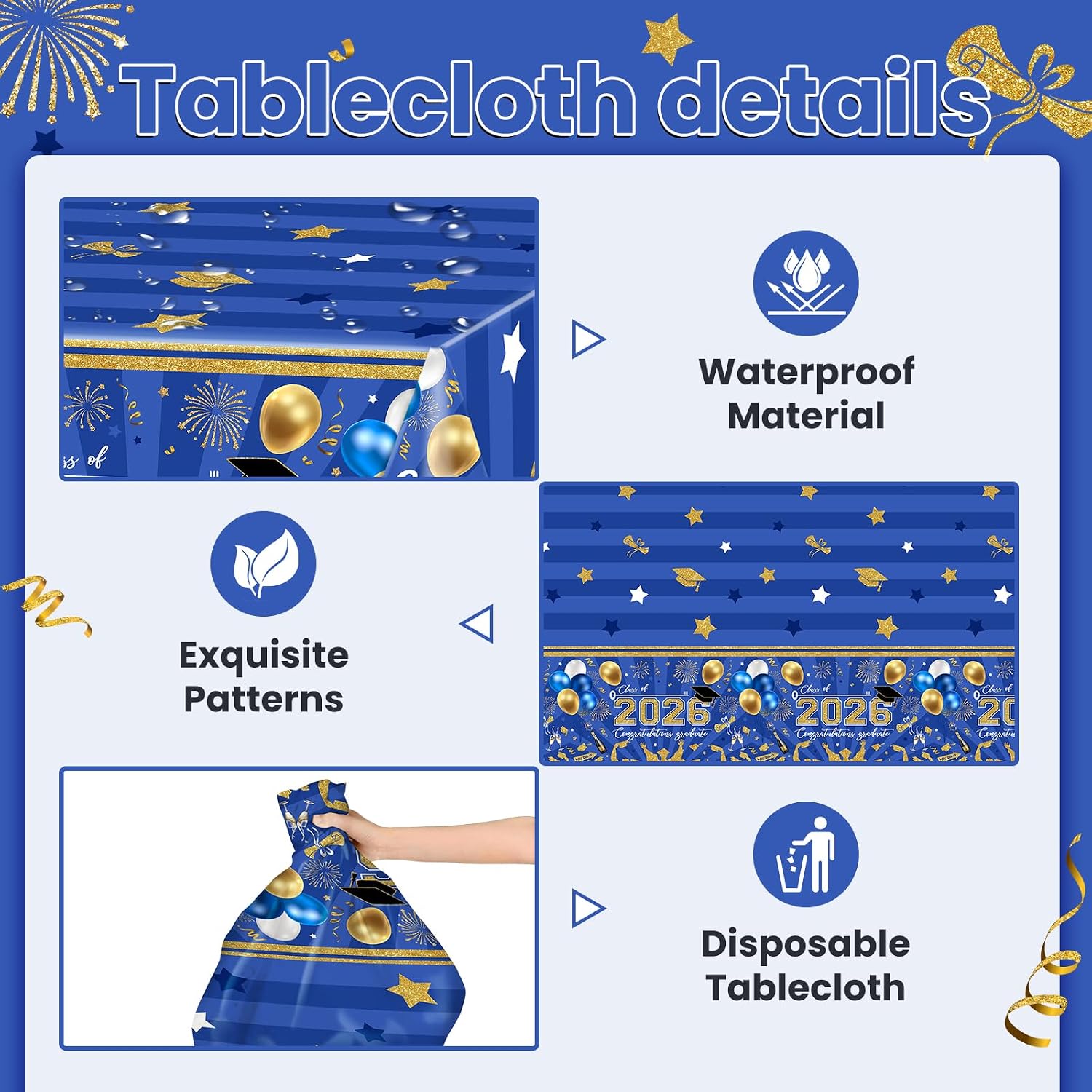 Avezano 3 pcs Graduation Tablecloths 108x54 inch Graduation Table Cloths Class of 2026 Blue and Gold Grad Party Tablecover Decorations Plastic Disposable