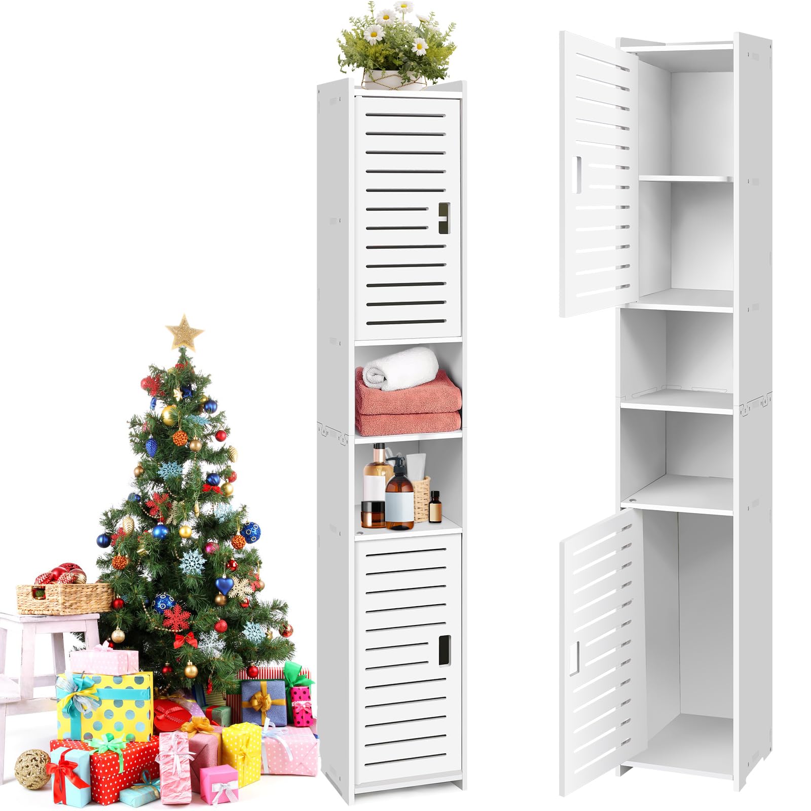 Tall Slim Bathroom Storage Cabinet, White Freestanding Floor Cabinet, Narrow Organizer Unit with 2 Doors, Space-Saving Design for Bathroom Living Room Kitchen Office Entryway Toilet