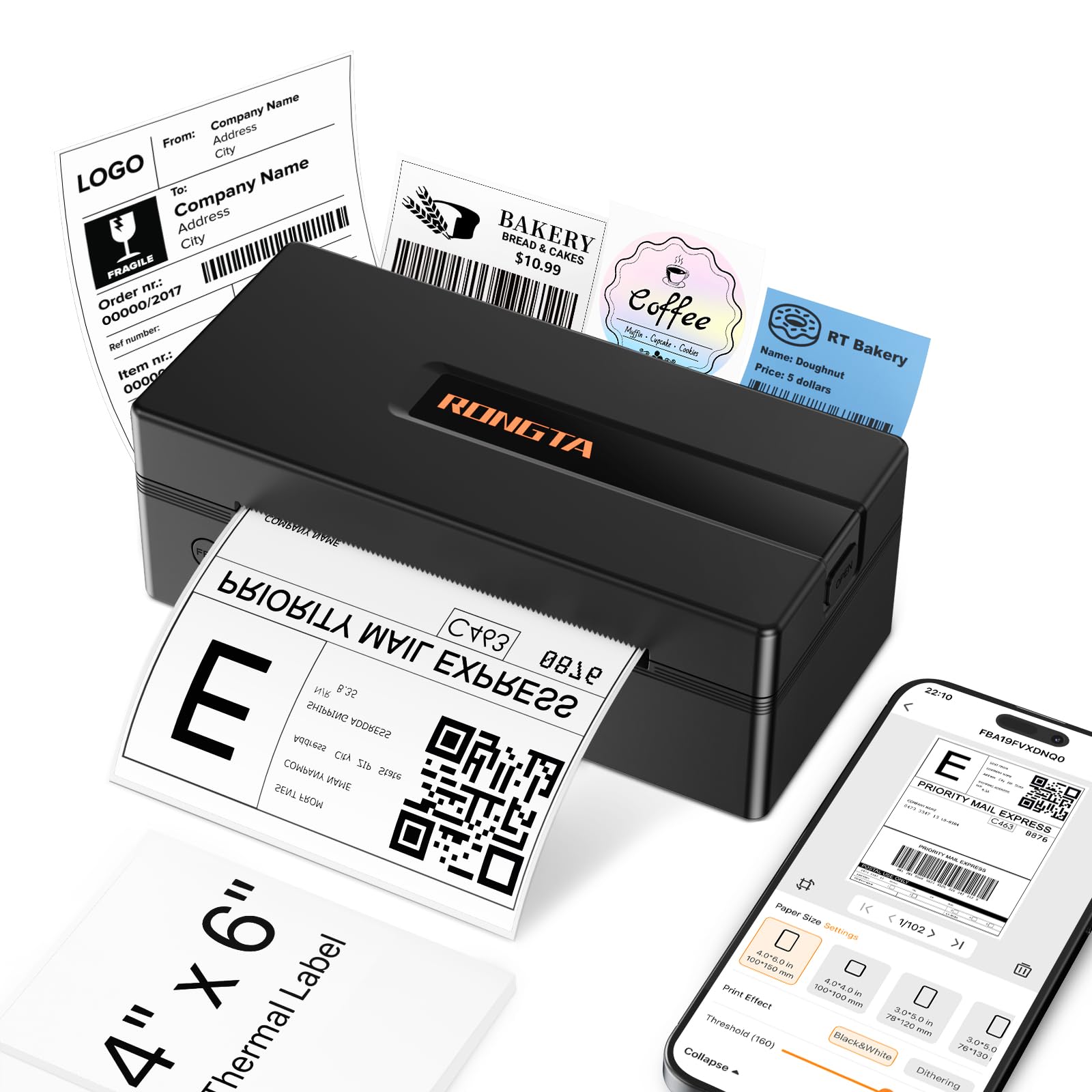 Rongta Imprimante d'étiquettes d'expédition thermique Bluetooth : étiqueteuse sans fil 4 x 6 pour petites entreprises – Compatible avec Windows, Mac, iPhone et Android, largement utilisée pour les