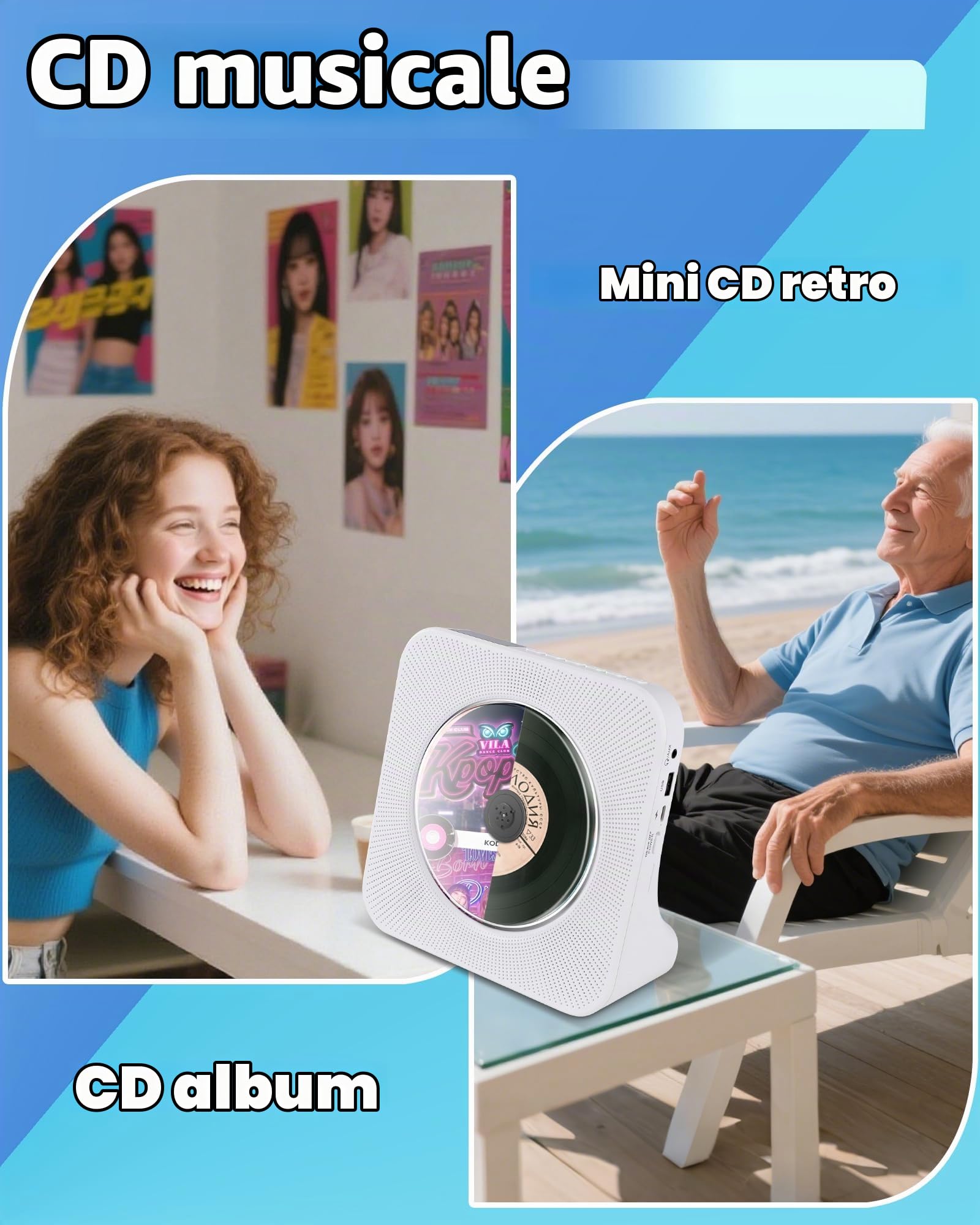 Lecteur CD rechargeable portable 4000mAh, lecteur CD stéréo avec Bluetooth | AUX, radio FM, USB, lecteur CD de bureau avec télécommande, couvercle poussière, écran LED