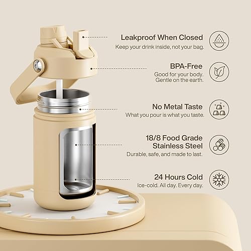 Miniatura 715 de ENCOOL Botella de agua aislada con popote, de acero inoxidable, a prueba de fugas, sin BPA, al vacío de doble pared que se mantiene fría durante 24