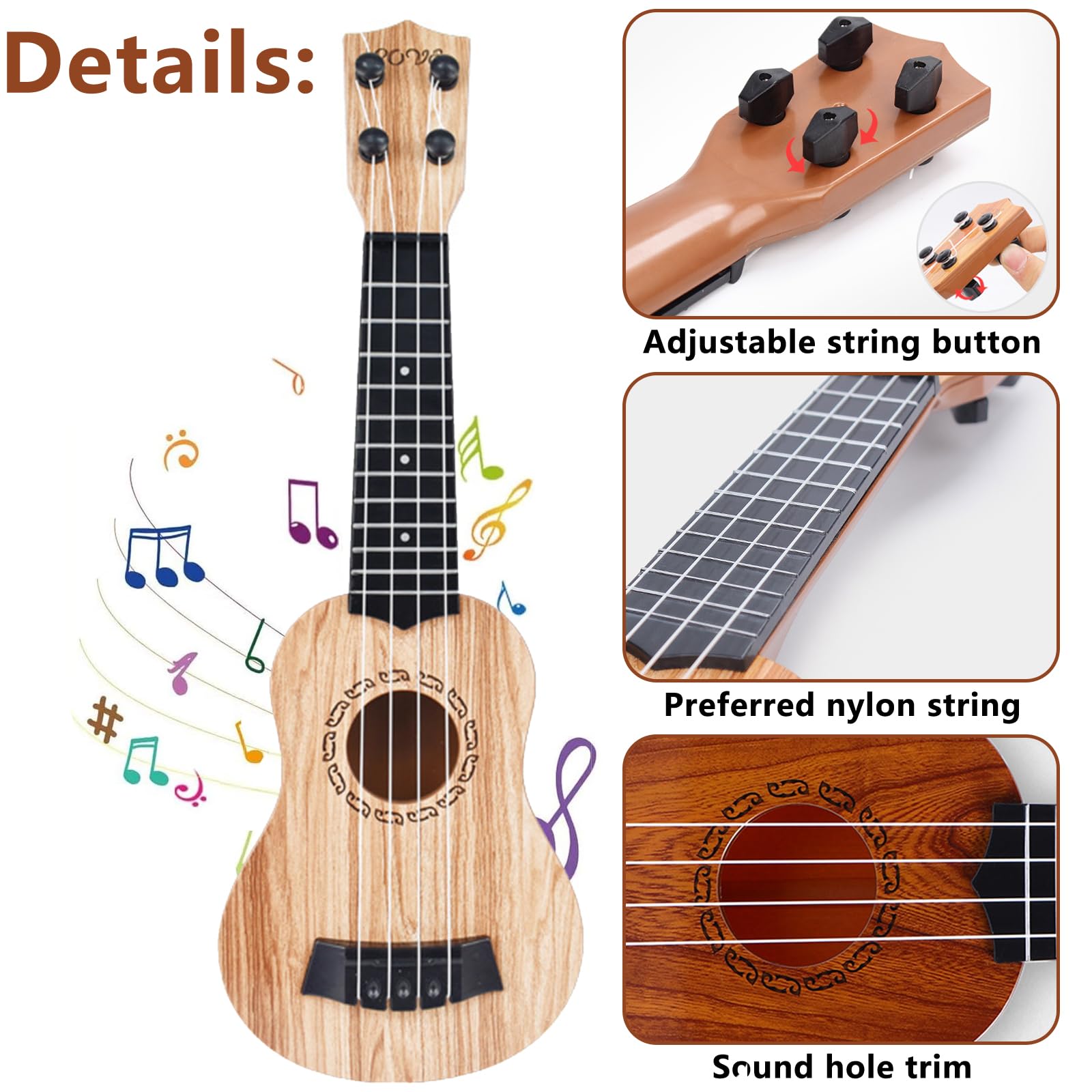 Mini chitarra, chitarra per asilo, giocattolo in plastica, ukulele per chitarra, giocattolo, ukulele per bambini, con 4 lati regolabili, per bambini (38 cm/marrone chiaro)