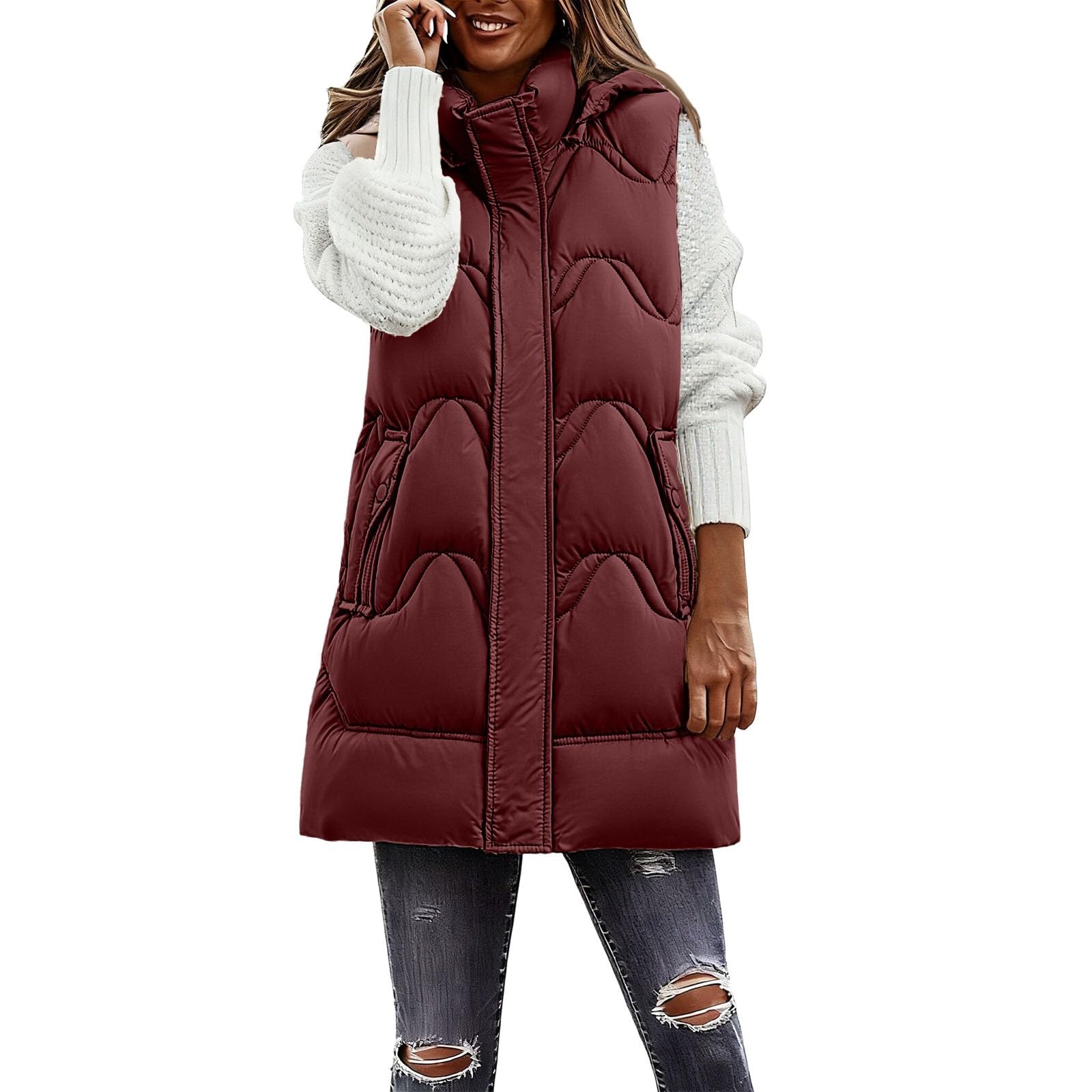 Genérico Abrigo Frio Extremo Mujer,Chaleco Acolchado Largo Con Capucha Y Cuello Alto Para Mujer Abrigo CáLido Sin Mangas Para Clima FríO