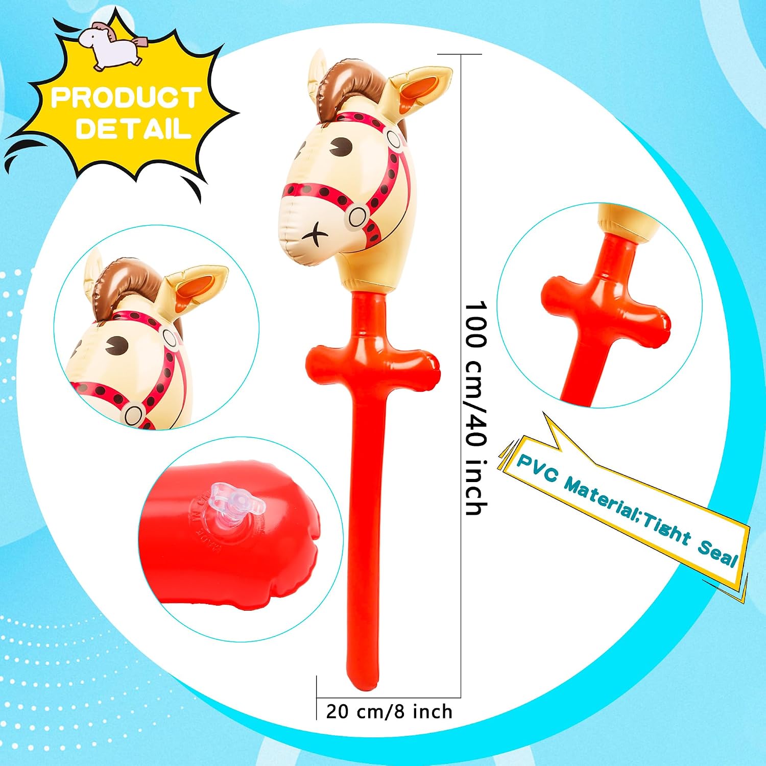 6 Pack Inflatable Horse Head Sticks 40 Inch Horsehead Stick Balloon Inflatable Pony Stick Toy Cute Handheld Blow Up Horse Stick for Cowboy Cowgirl Western Birthday Party Decoration image 2