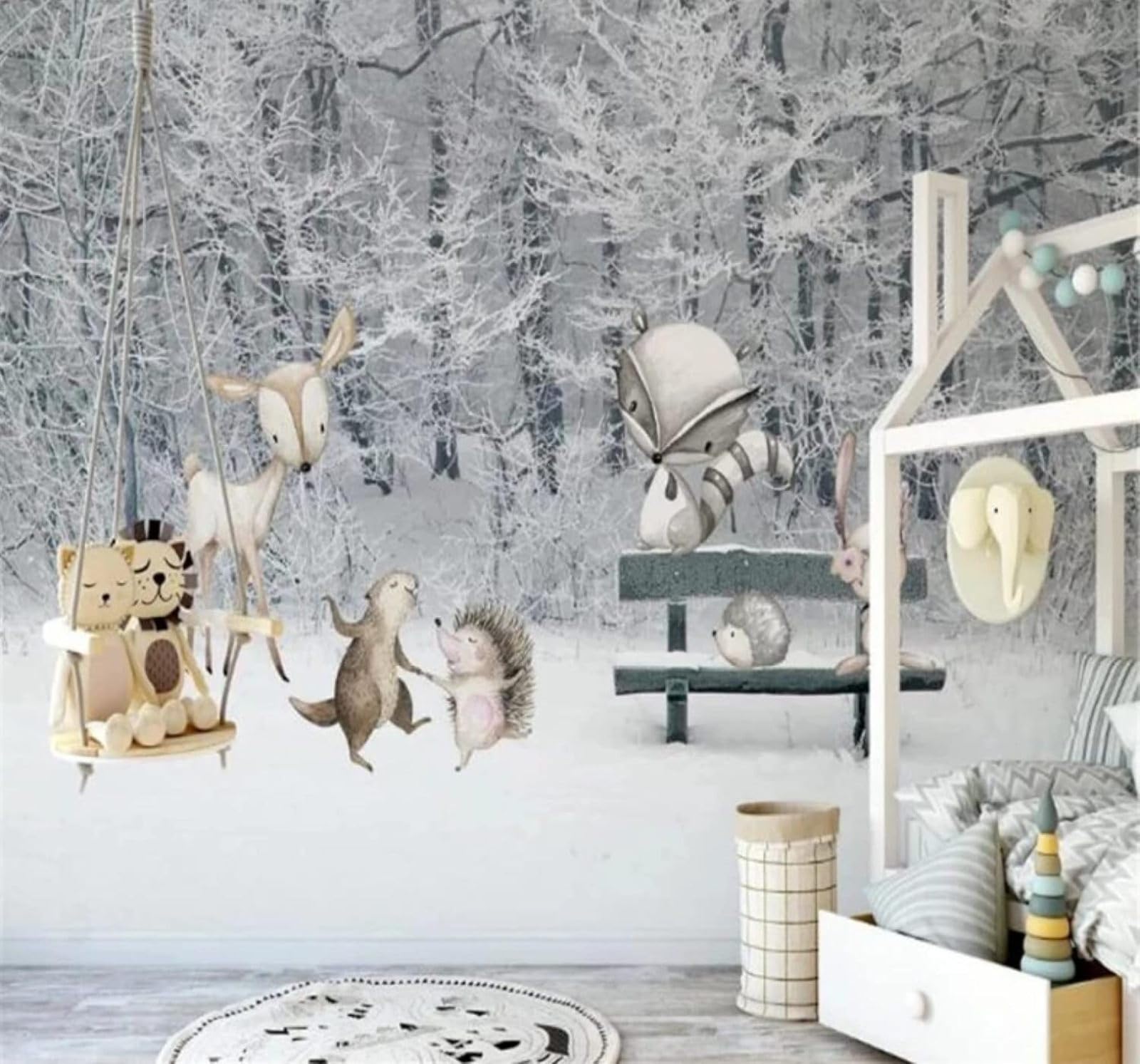 Xlming 250Cm×170Cm(B×H) Beautiful Forest Snowy Landscape Cartoon Animals 3D Wallpaper Luxury Home Dining Decor Paste Sofa Living Room The Wall For Bedroom Mural-250Cm×170Cm